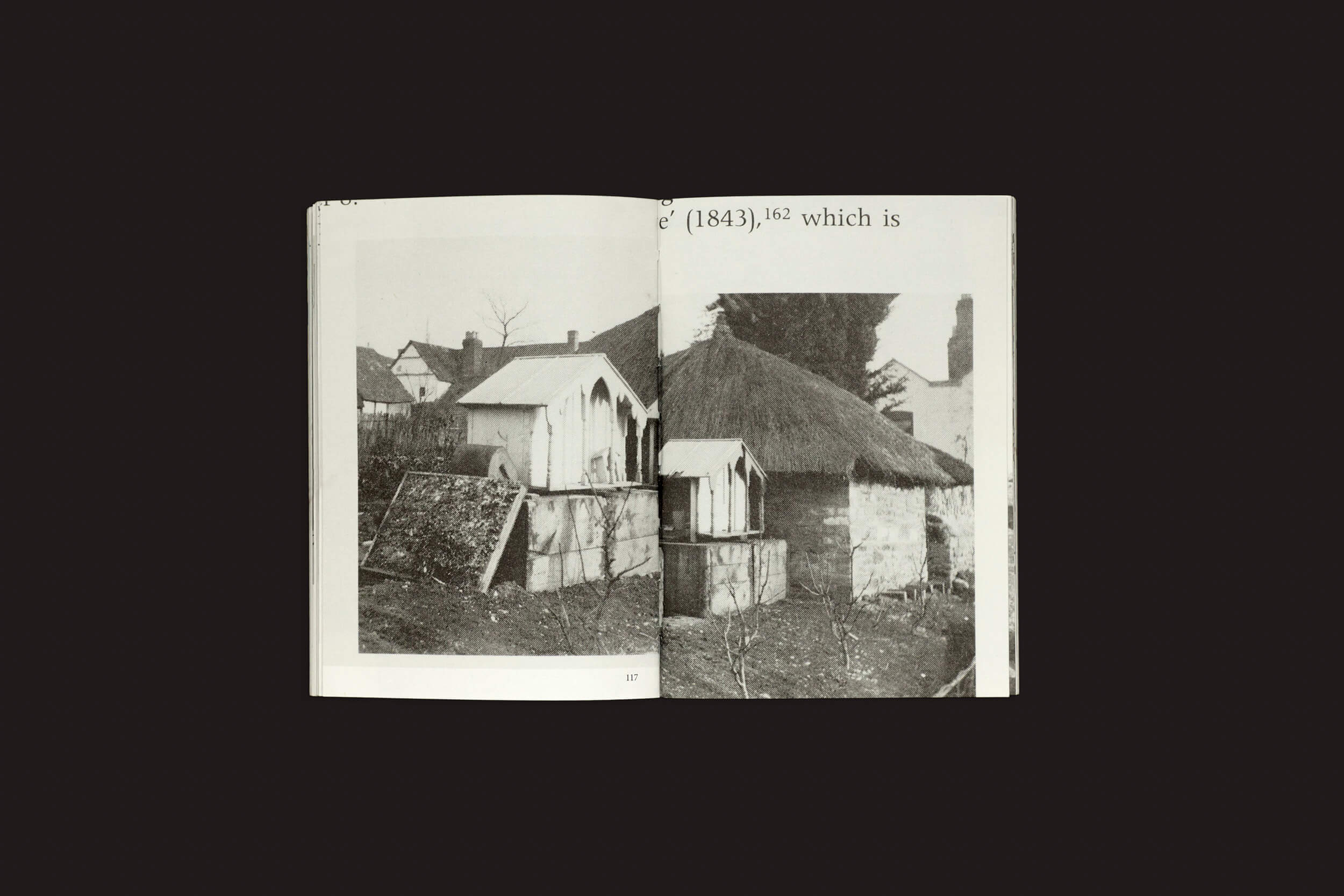 O livro aberto Aladin Borioli: Hives da RVB Books exibe uma foto em preto e branco de duas estruturas de telhado de palha que lembram colmeias, cercadas por cercas de madeira, com árvores e prédios ao fundo, sugerindo técnicas alternativas de cuidado das abelhas. Algum texto é visível na borda superior.