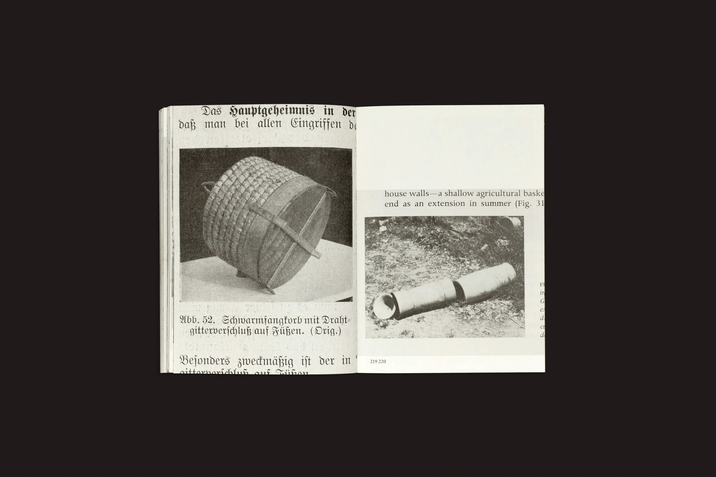 O livro aberto Aladin Borioli: Hives, da RVB Books, exibe uma foto em preto e branco de uma cesta redonda e um objeto cilíndrico, explorando técnicas de cuidado com as abelhas em alemão, com algum texto parcialmente obscurecido por imagens.