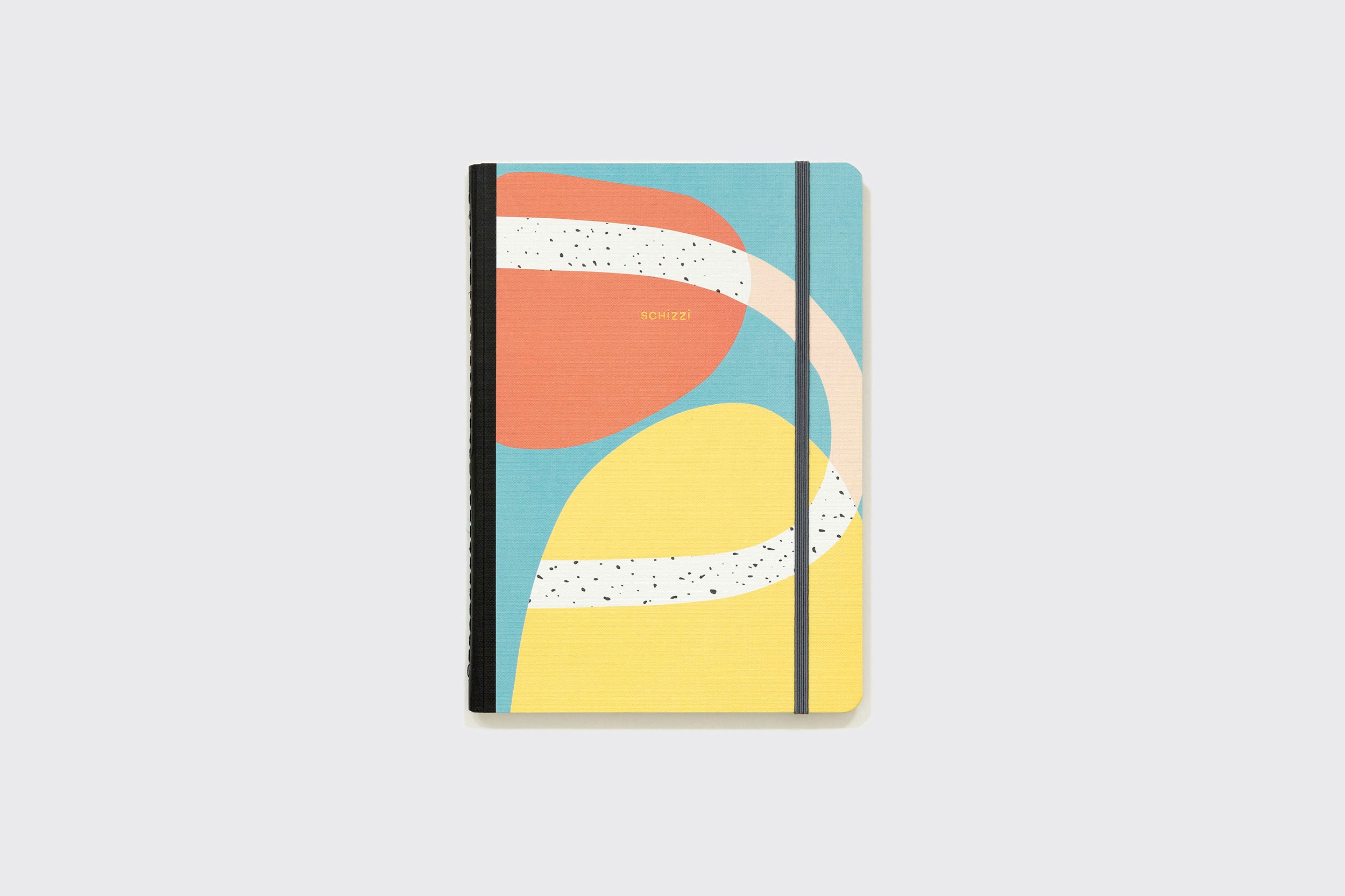 O Schizzibooks Sketchbook XLarge apresenta uma capa abstrata vibrante em azul, amarelo, vermelho e branco com lombada preta, elástico e NOTAS em dourado — perfeito como um caderno de esboços ou para anotações criativas.