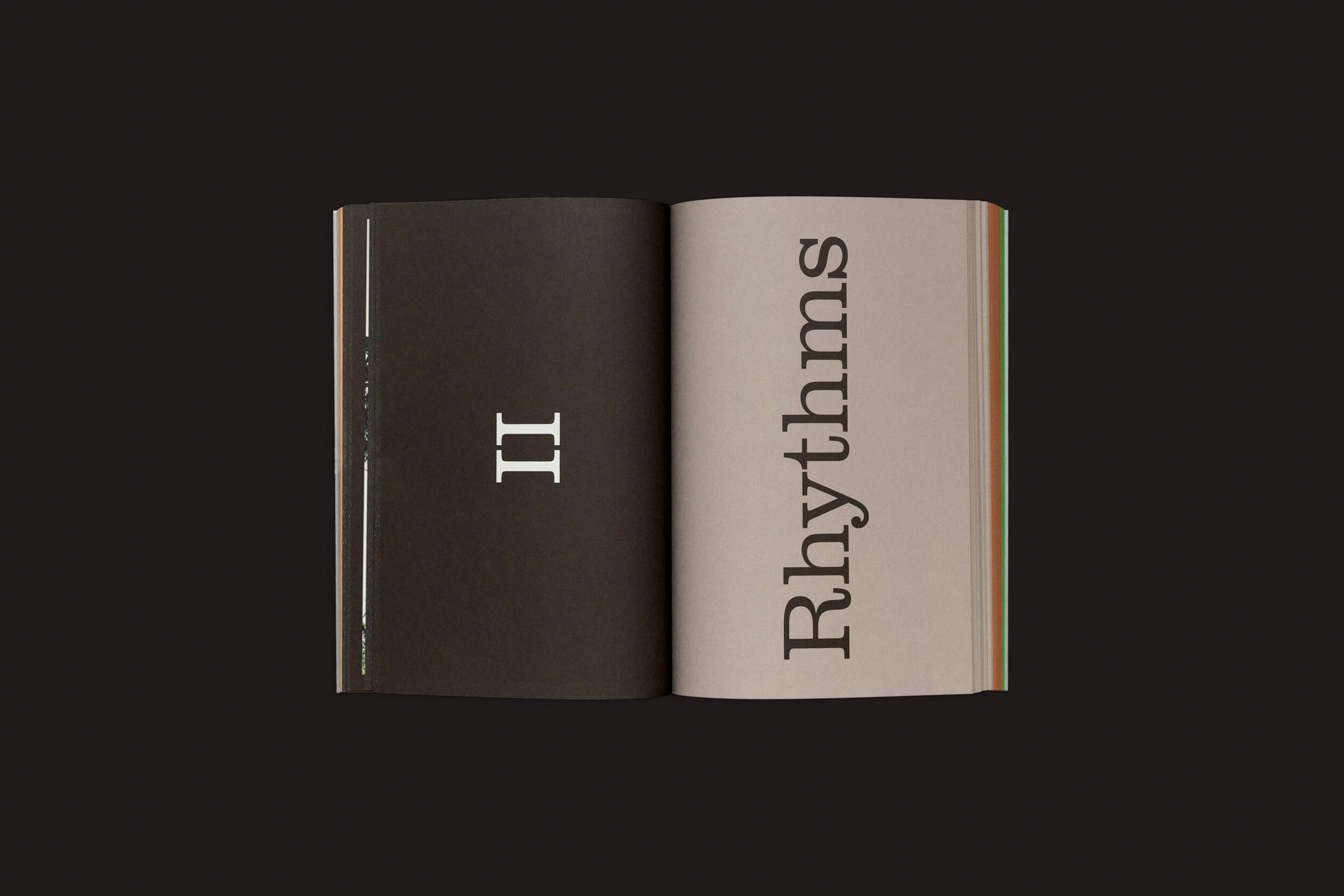 Um livro aberto repousa sobre uma superfície escura. A página da esquerda exibe II em texto branco, e a da direita apresenta Rhythms verticalmente em preto em negrito, inspirado em Seasonal Neighbours: Seasonal Matters Rural Relations de Onomatopee.