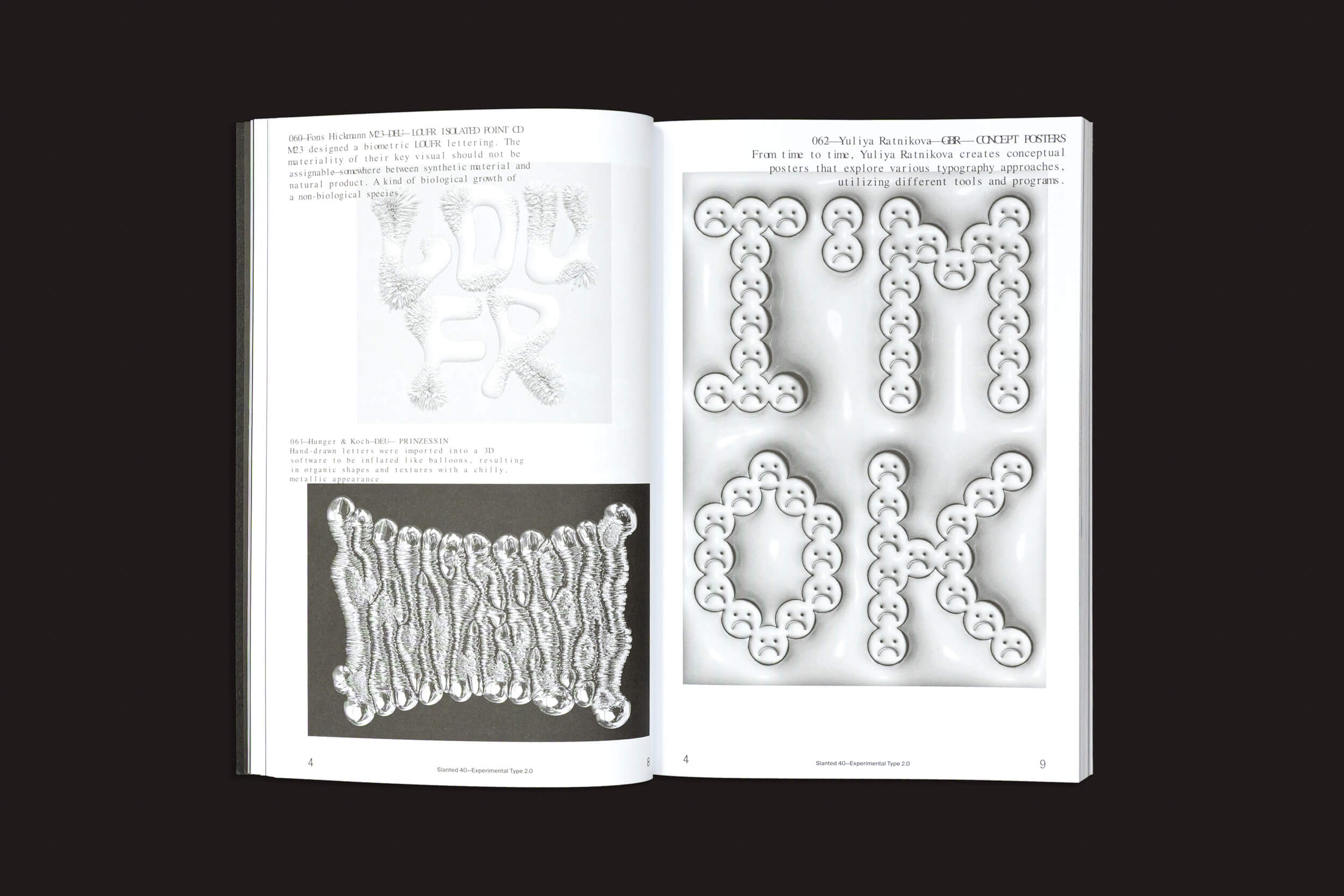 Um livro aberto, "Slanted: #40—Experimental Type 2.0" da Slanted Publishers, exibe arte de texto abstrata e fios de pérolas à esquerda com "BLUR", exibindo tipografia cinética. À direita, "I'M OK" em forma de nuvem representa o realismo tátil e experimentos de narrativa visual.
