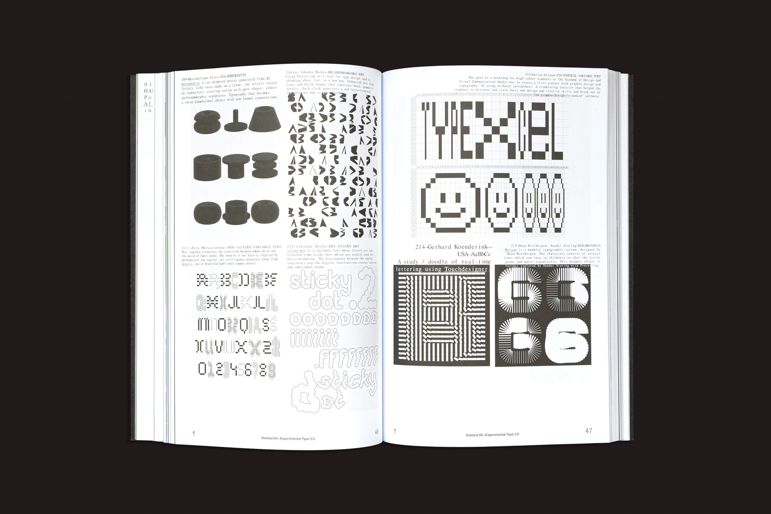 O livro aberto "Slanted: #40—Experimental Type 2.0" da Slanted Publishers apresenta diversos designs gráficos e obras de arte tipográficas, lembrando tipografia cinética. Ele apresenta formas abstratas, pixel art e texto estilizado em fontes exclusivas, tudo em preto e branco contra um fundo escuro.
