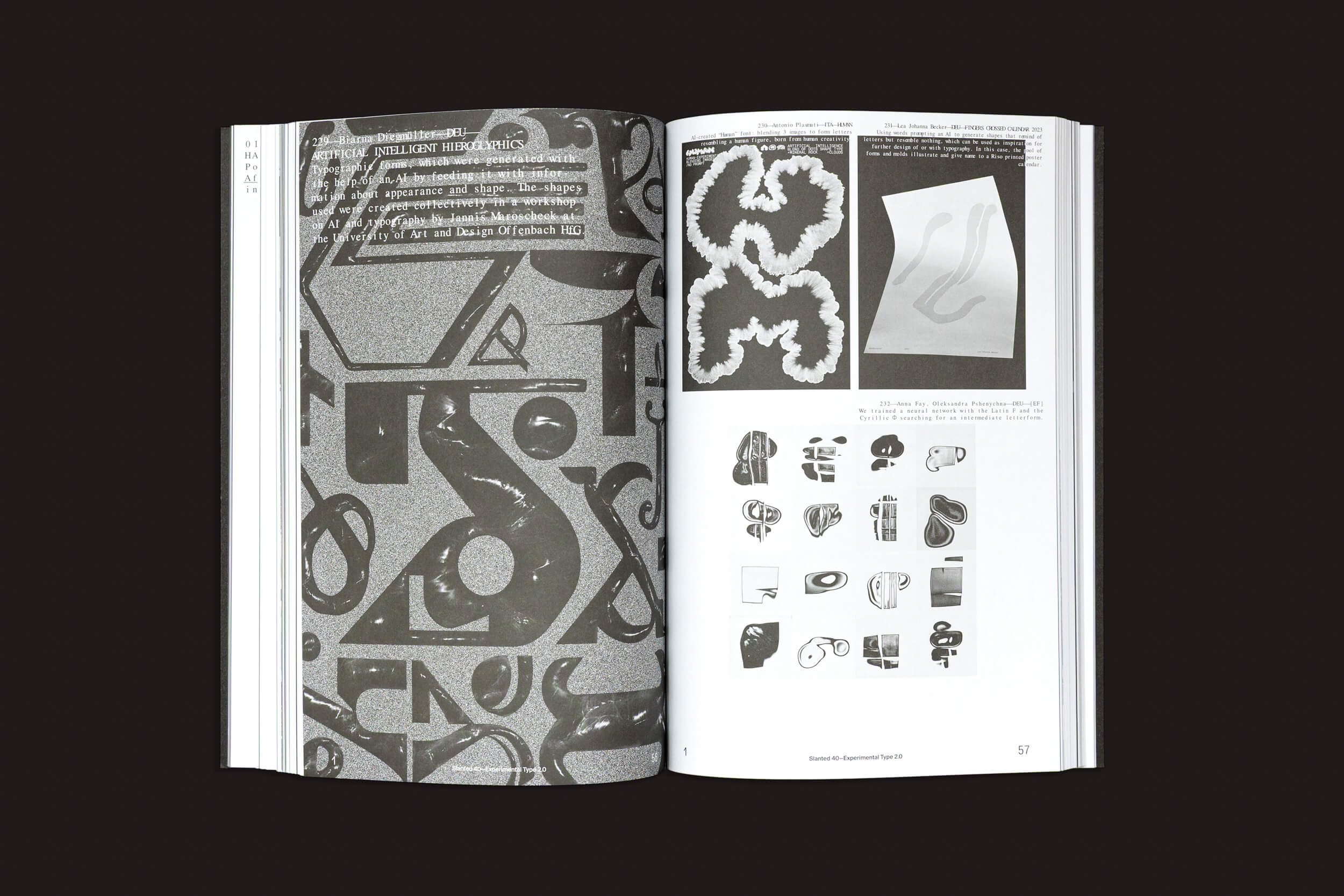 O livro aberto, *Slanted: #40—Experimental Type 2.0* da Slanted Publishers, apresenta um padrão em tons de cinza de formas e letras sobrepostas na página esquerda, e fotografias, diagramas e experimentos tipográficos sobre um fundo branco na direita.