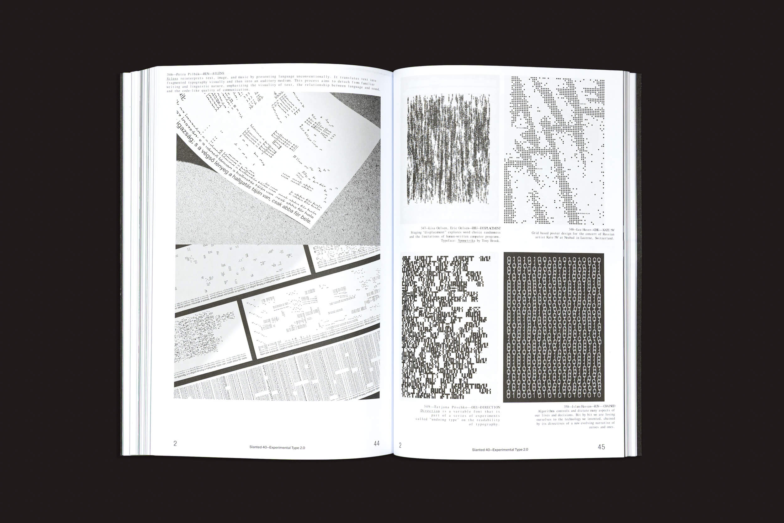 Um livro aberto mostra designs abstratos e padrões de texto, apresentando grades e sequências de letras ou símbolos em um fundo preto, que lembram experimentos de tipografia cinética vistos em Slanted: #40—Experimental Type 2.0 da Slanted Publishers.