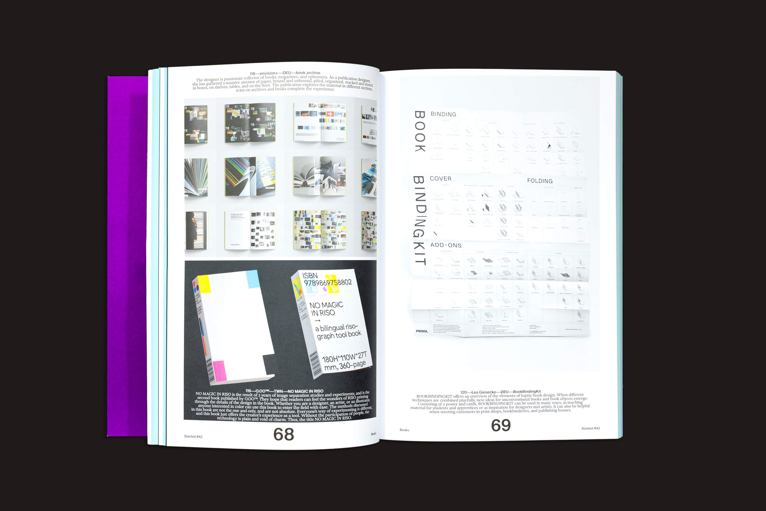Uma cópia aberta de "Slanted: #42 Books" da Slanted Publishers está contra um fundo preto, exibindo as páginas 68 e 69. A página 68 apresenta layouts de design coloridos e experimentais, enquanto a página 69 mostra diagramas de encadernação de livros. Uma folha roxa aparece por trás da página esquerda, realçando este livro bonito.