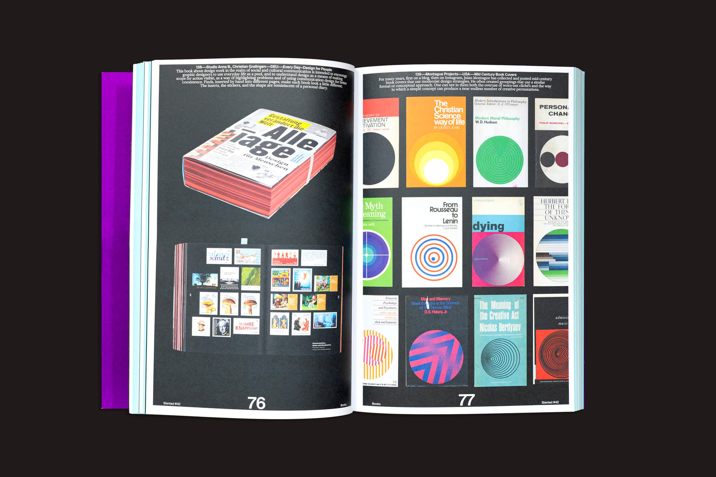 Uma cópia de "Slanted: #42 Books" da Slanted Publishers está aberta, com a página da esquerda exibindo uma pilha de livros bonitos e uma grade de imagens. A página da direita exibe capas de livros coloridas com padrões abstratos, refletindo uma abordagem de design experimental. Os números de página 76 e 77 estão visíveis.