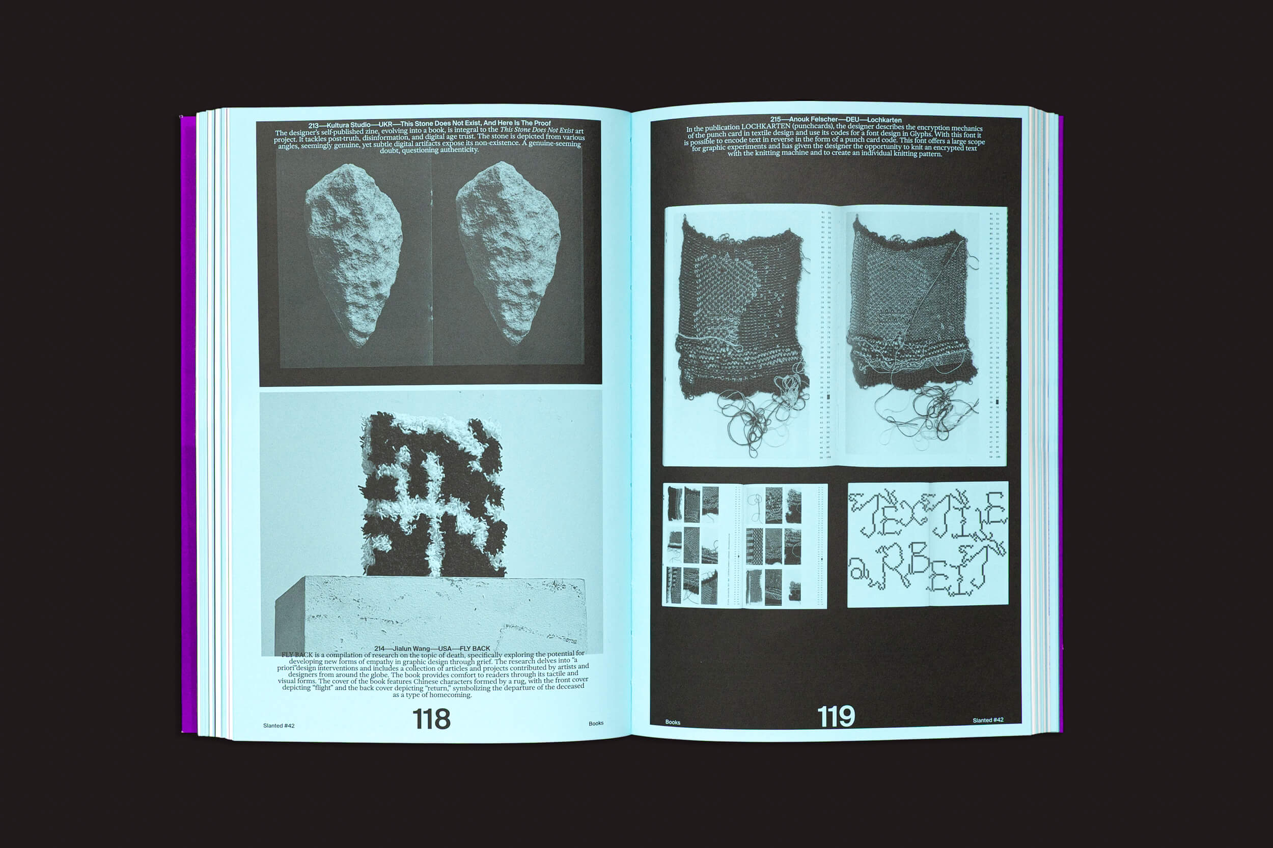 The Slanted: #42 Books by Slanted Publishers apresenta as páginas 118 e 119, exibindo imagens em preto e branco de artefatos de pedra, estruturas texturizadas, padrões de malha e texto abstrato em tecido. Esta exibição cativante incorpora elementos de design experimental que envolvem o espectador.