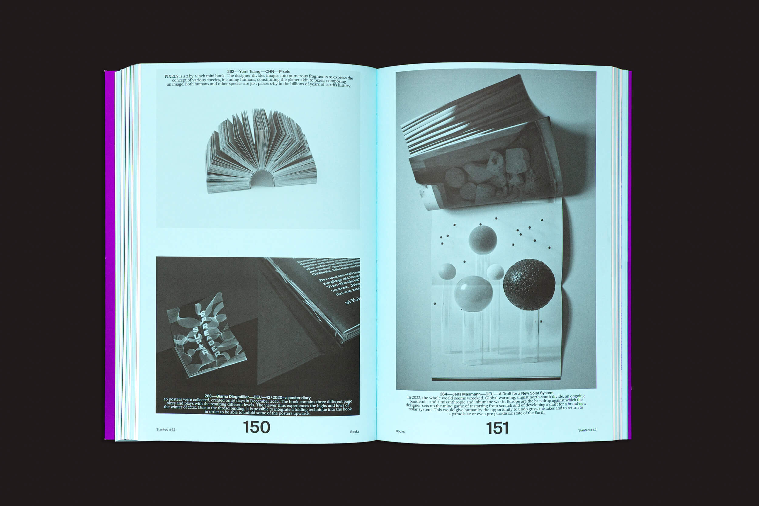 Em "Slanted: #42 Books" da Slanted Publishers, as páginas 150-151 apresentam imagens de arte abstrata. A página da esquerda mostra uma escultura geométrica de páginas em leque, enquanto a página da direita exibe esferas em um alinhamento semidiagramático.