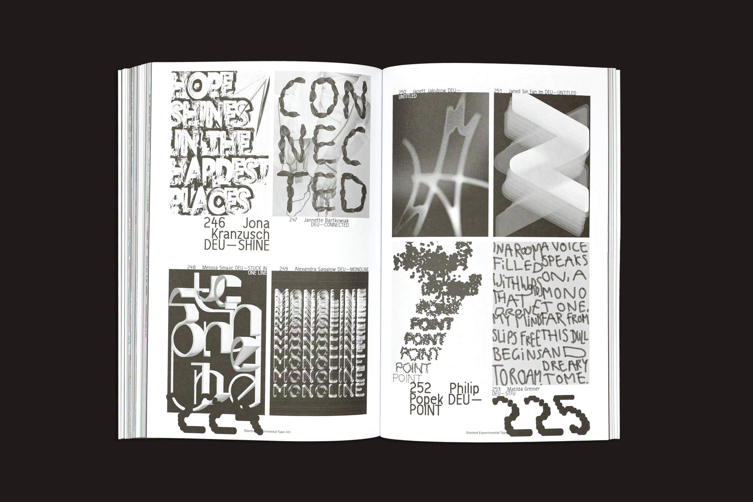 Uma página aberta de "Slanted: Slanted Experimental Type 3.0" da Slanted Publishers exibe gráficos monocromáticos abstratos. A página da esquerda tem padrões geométricos com "SHINE IN THE DARKEST PLACES" em tipo inclinado, enquanto a da direita apresenta "CONNECTED" e números artísticos, destacando o design gráfico.