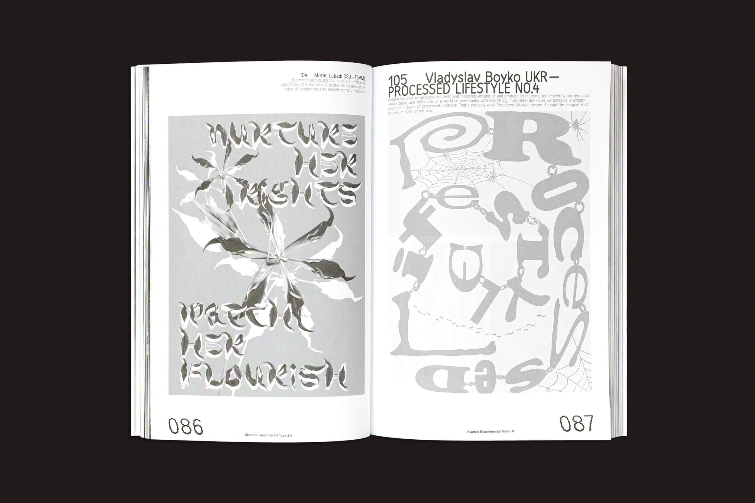 Um livro aberto, "Slanted: Slanted Experimental Type 3.0" da Slanted Publishers, exibe páginas de arte abstrata. A página 086 apresenta um design experimental com texto ondulado; a página 087 apresenta texto e formas distorcidas e em camadas em um esquema monocromático de escala de cinza.