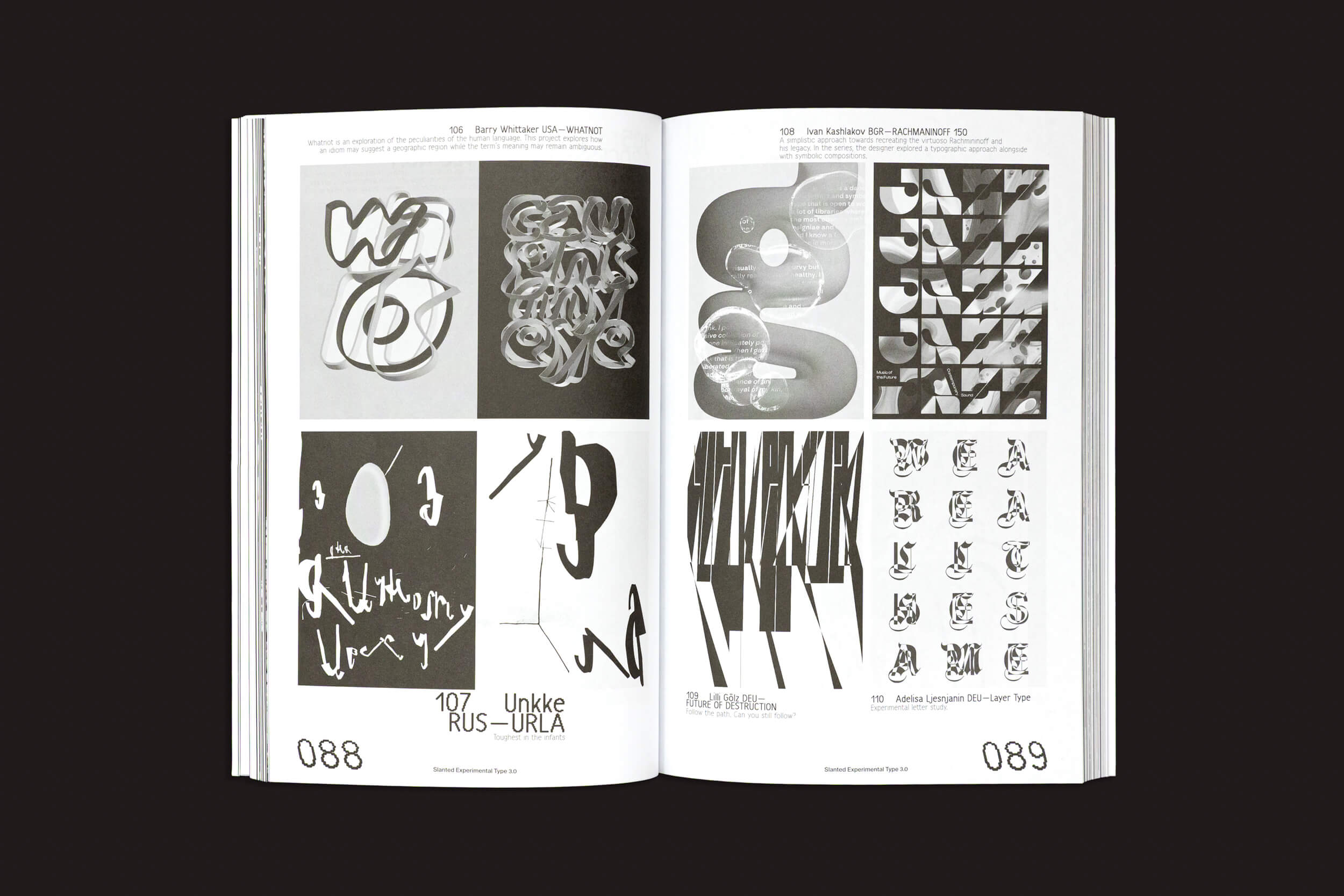 O livro aberto "Slanted: Slanted Experimental Type 3.0" da Slanted Publishers apresenta arte tipográfica abstrata com estilos de texto criativos e arranjos artísticos em elementos tipográficos em negrito, distorcidos e em camadas em preto e cinza nas páginas 088 e 089. Uma jornada pelo design gráfico experimental.