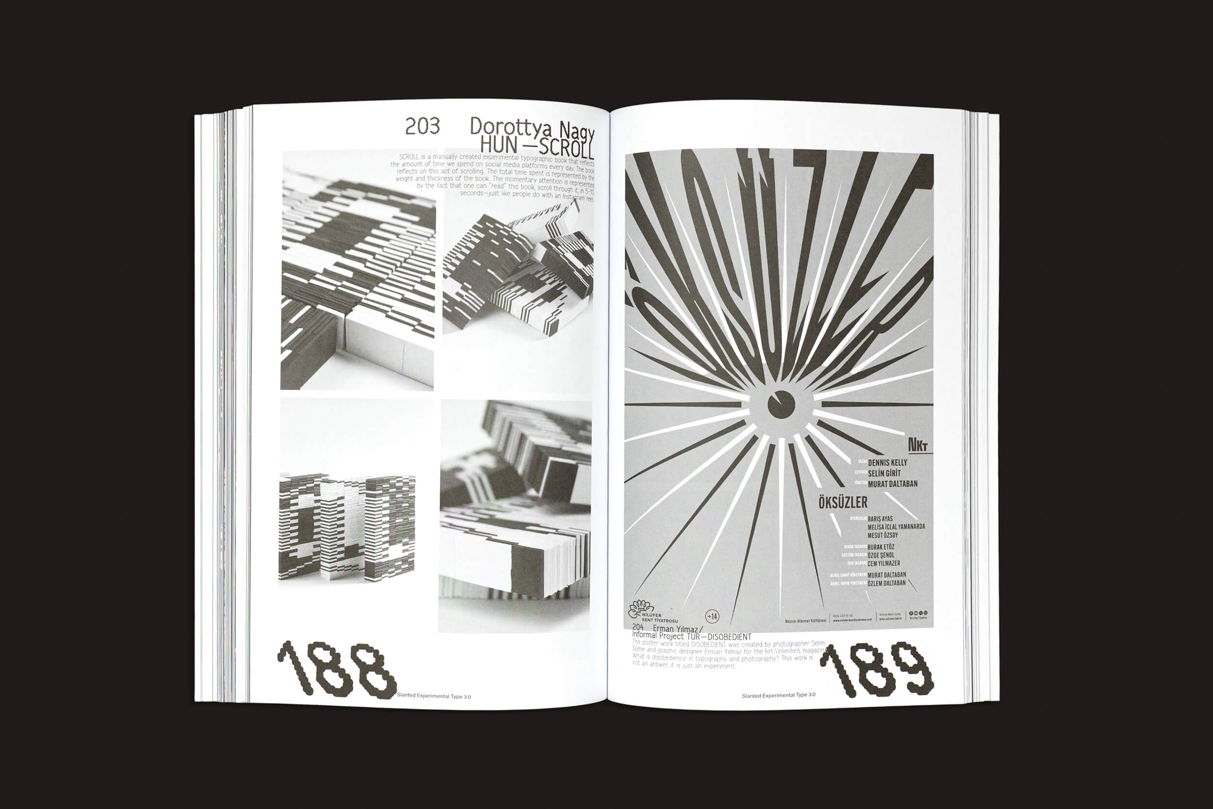 Um livro aberto exibe arte geométrica abstrata e monocromática. A página esquerda apresenta "tipografia experimental" com pequenas fileiras de imagens, enquanto a direita tem um design radial em negrito. As páginas 188 e 189 refletem Slanted: Slanted Experimental Type 3.0, influência da Slanted Publishers.