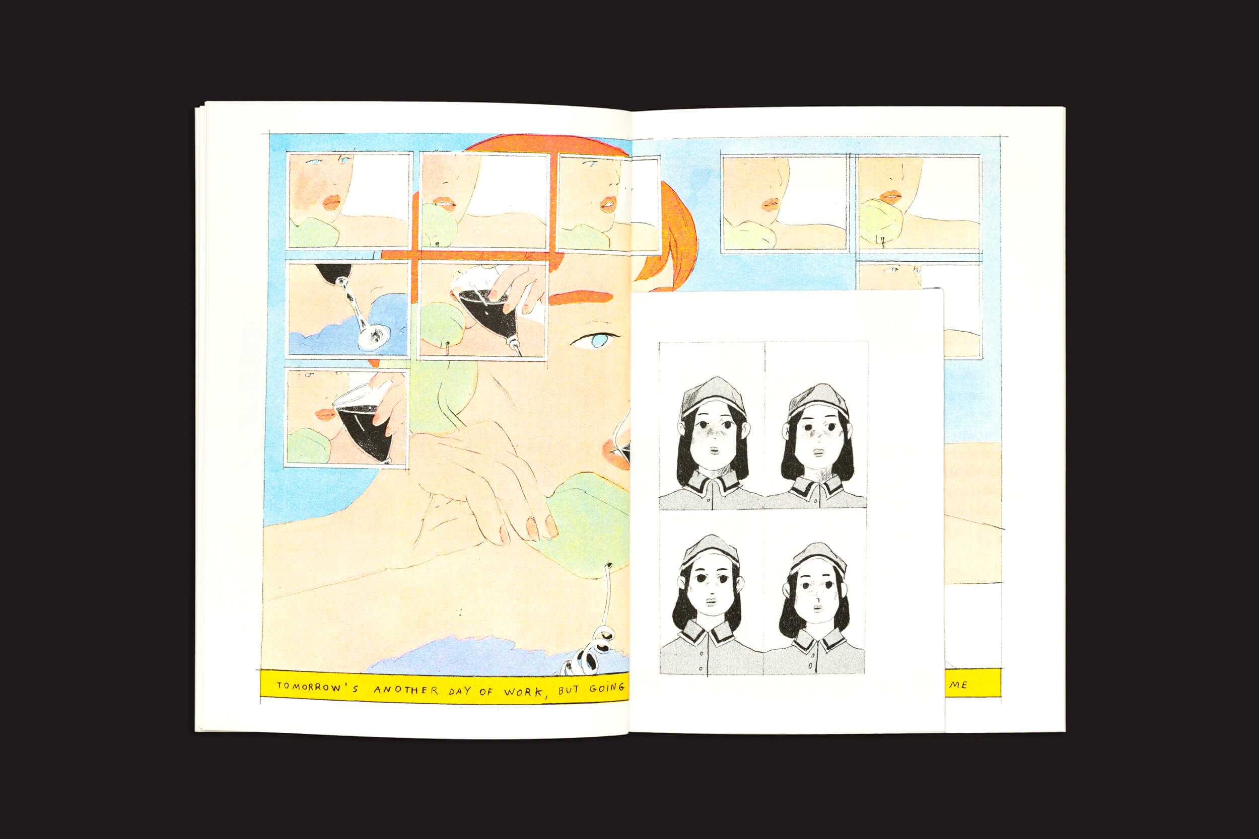 Uma cópia aberta de Melek Zertal: Sleepless (Fidéle Editions) exibe painéis cômicos em tons pastéis de alguém comendo frutas, além de uma página menor com quatro retratos em preto e branco da detetive Dana Scully do Arquivo X usando um boné.