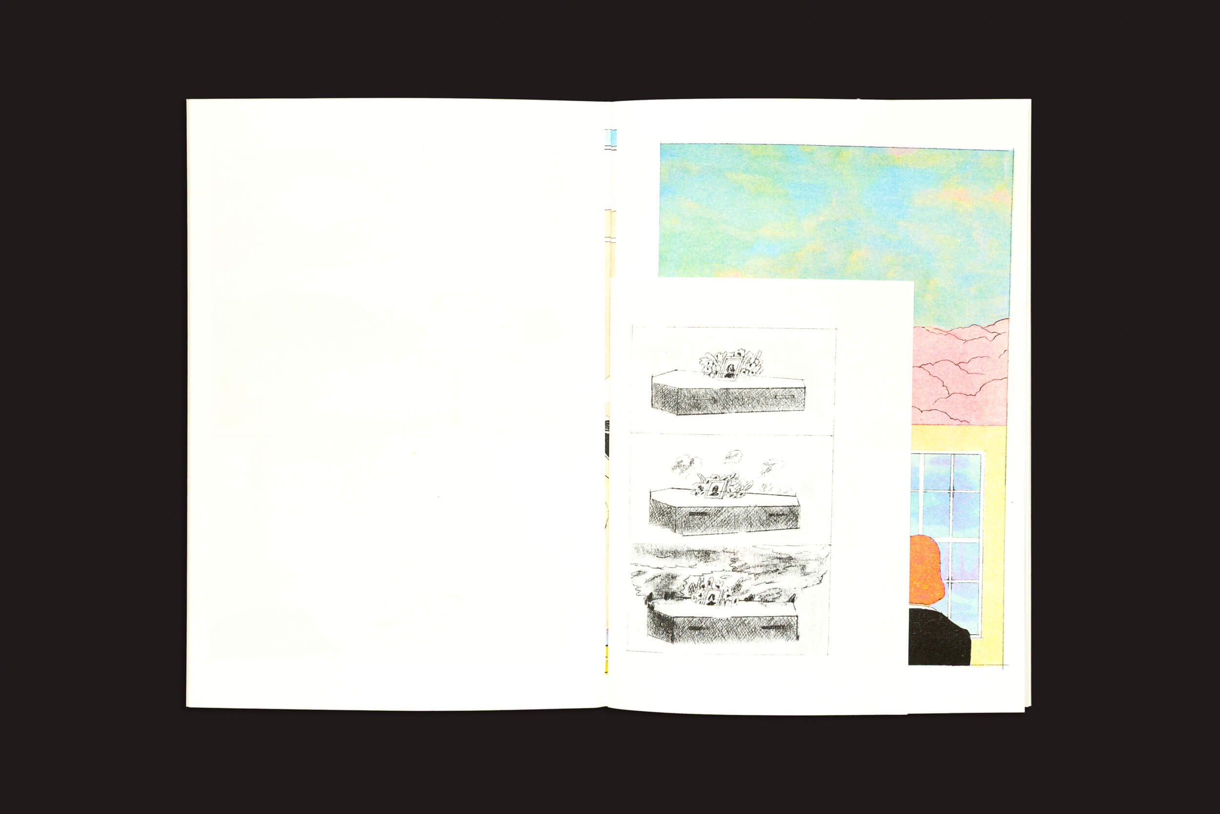 Um livro aberto "Melek Zertal: Sleepless" da Fidéle Editions mostra arte abstrata vibrante na página direita e esboços em preto e branco de objetos retangulares, como bilhetes de detetive, no centro, tudo sobre um fundo preto sólido.