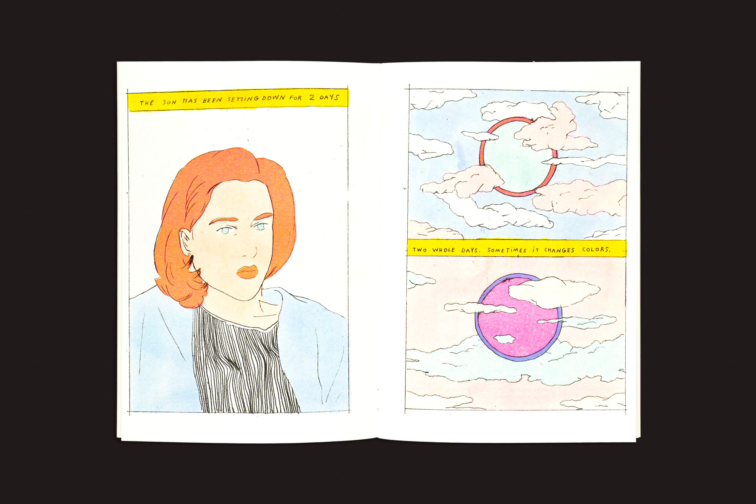 Uma página dupla de Melek Zertal: Sleepless, da Fidéle Editions, mostra à esquerda uma figura ruiva ecoando Dana Scully (Arquivo X). À direita, um sol em movimento e o texto: "Toda a espera. Às vezes, muda de cor.