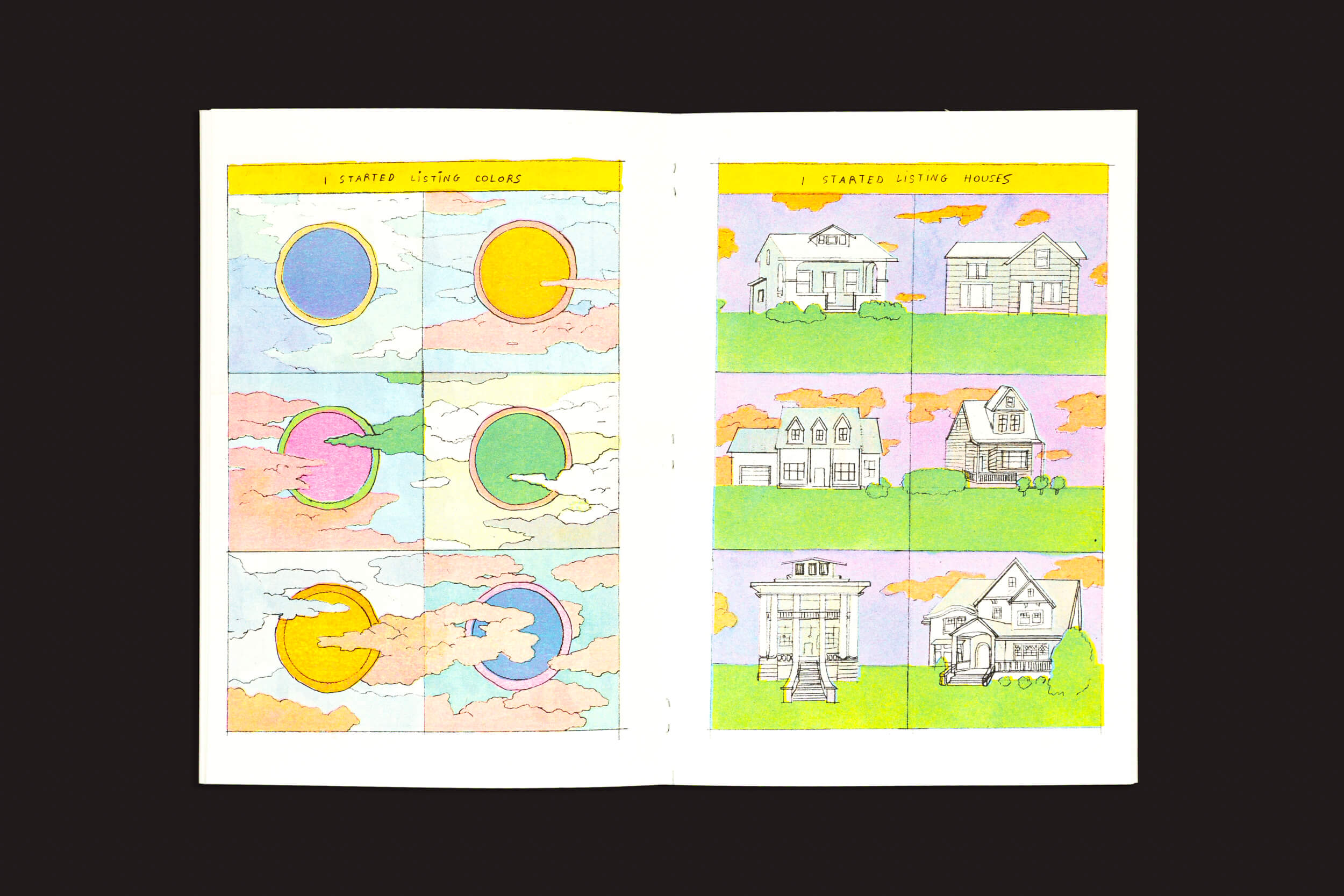 Um livro aberto, "Melek Zertal: Sleepless", da Fidéle Editions, exibe painéis vibrantes de sol e céu na página esquerda e casas diversas na direita, evocando cenas que um detetive famoso como Dana Scully poderia investigar.