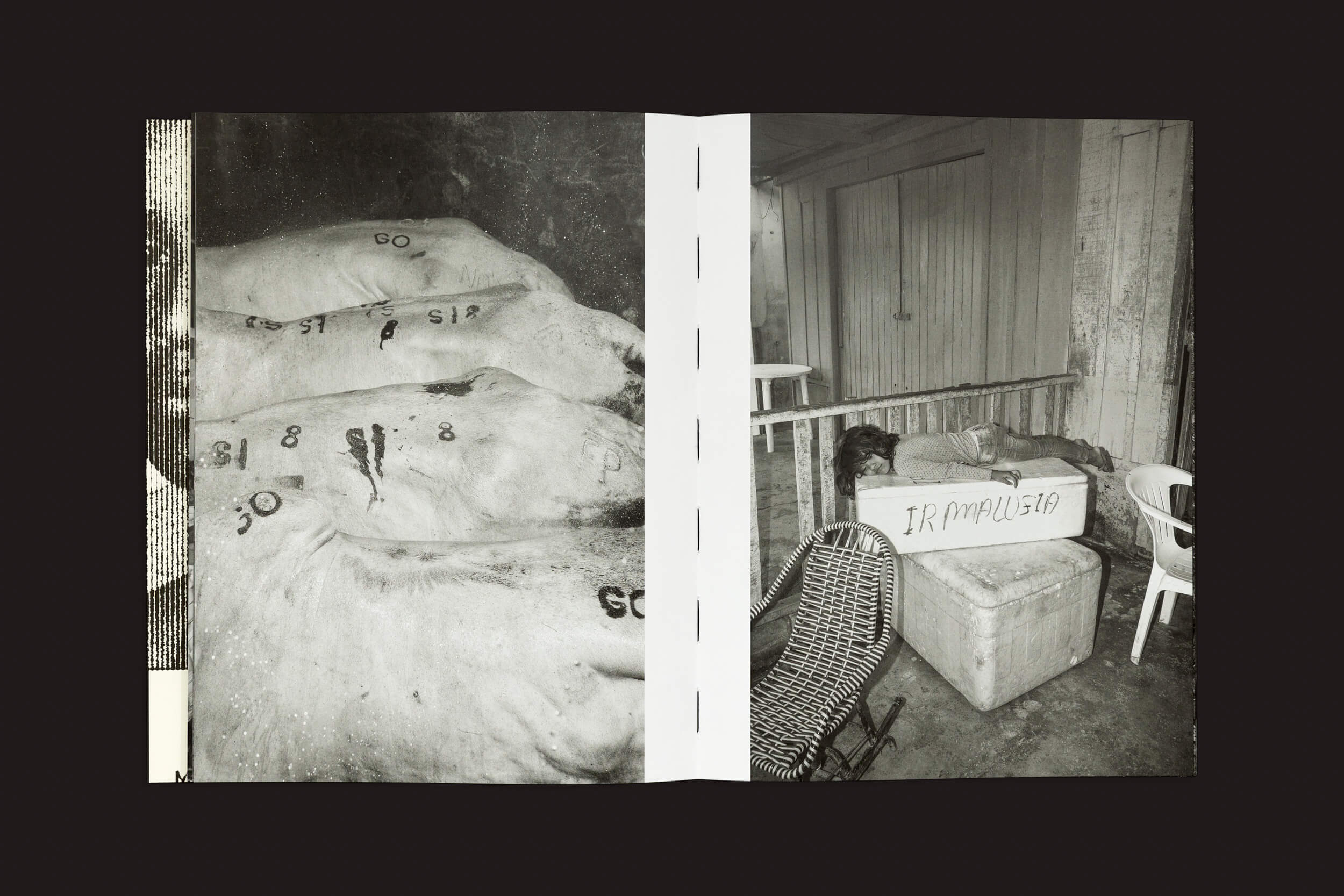 Uma imagem em preto e branco de uma página dupla de Tommaso Protti: Terra Vermelha, de Void, mostra sacolas com marcações à esquerda, sugerindo esforços de conservação, enquanto à direita exibe uma sala com uma rede listrada, um refrigerador e uma caixa marcada como IRMÃULSICA.