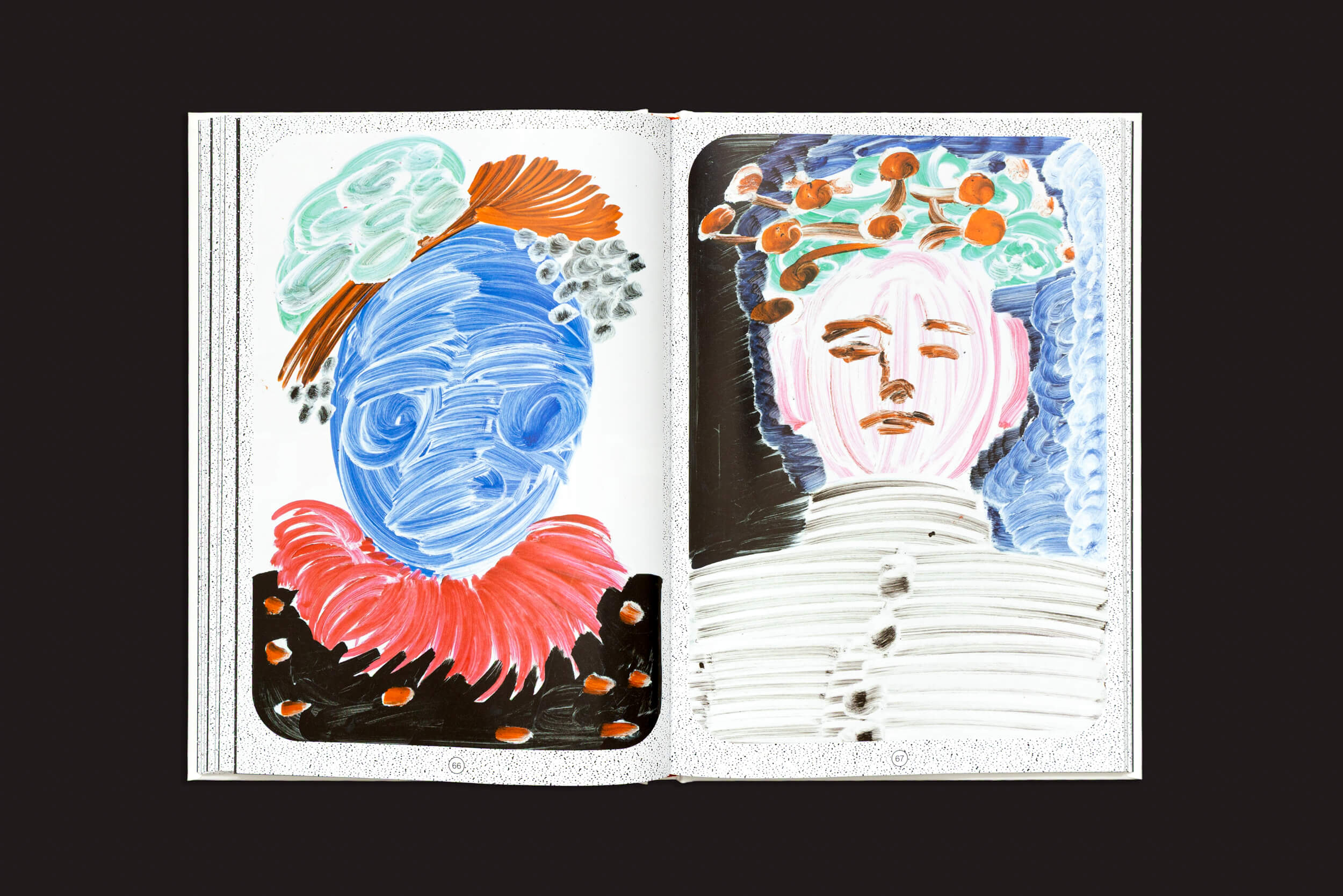 Em "Manon Cezaro: Terrain Glissant", da Fidéle Editions, uma capa dura aberta revela dois desenhos vívidos: à esquerda, uma figura azul com gola vermelha e touca verde-alaranjada; à direita, uma figura pálida com listras pretas e brancas e um touca laranja com folhas.