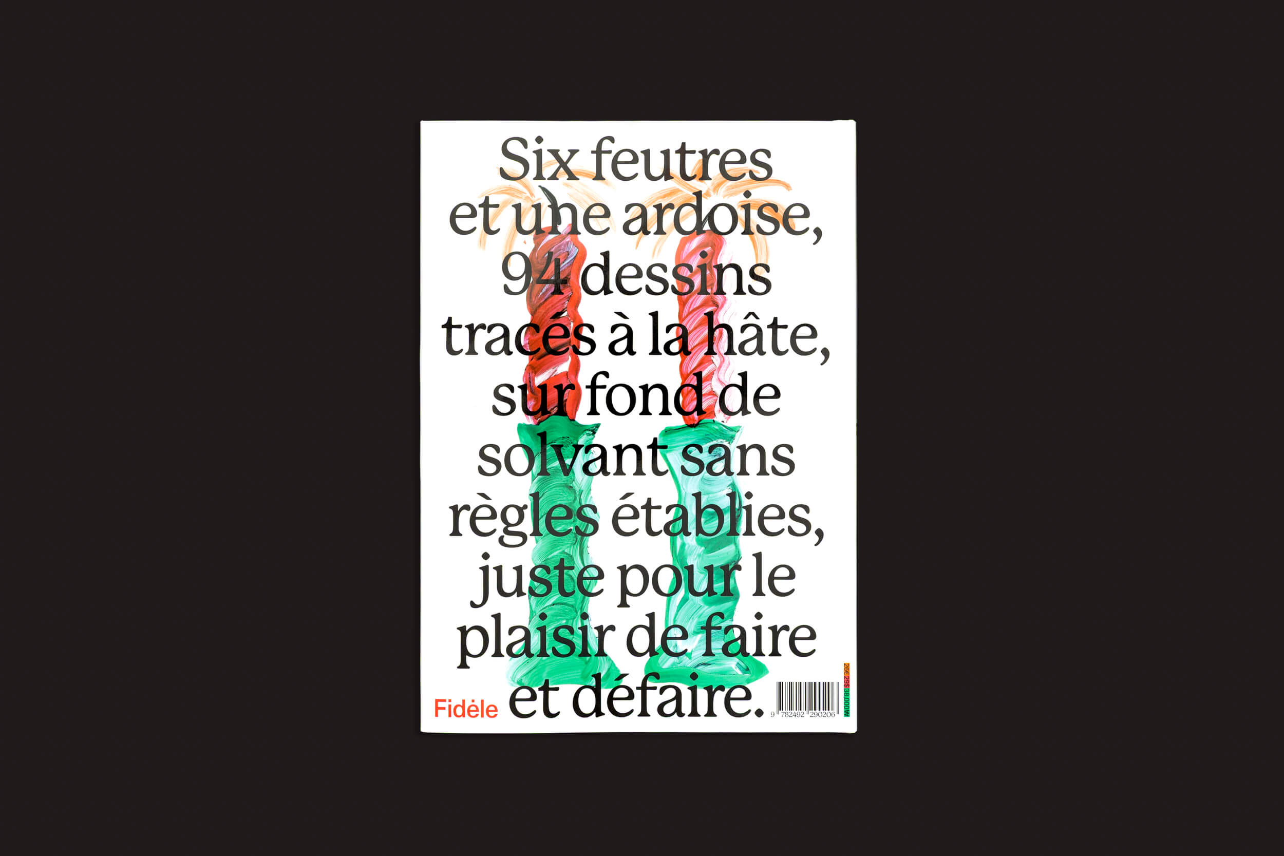 Manon Cezaro: Terrain Glissant da Fidéle Editions – um pôster branco com designs abstratos coloridos e texto em francês em negrito, evocando esboços rápidos feitos com seis marcadores e uma lousa em um fundo estilo quadro branco.