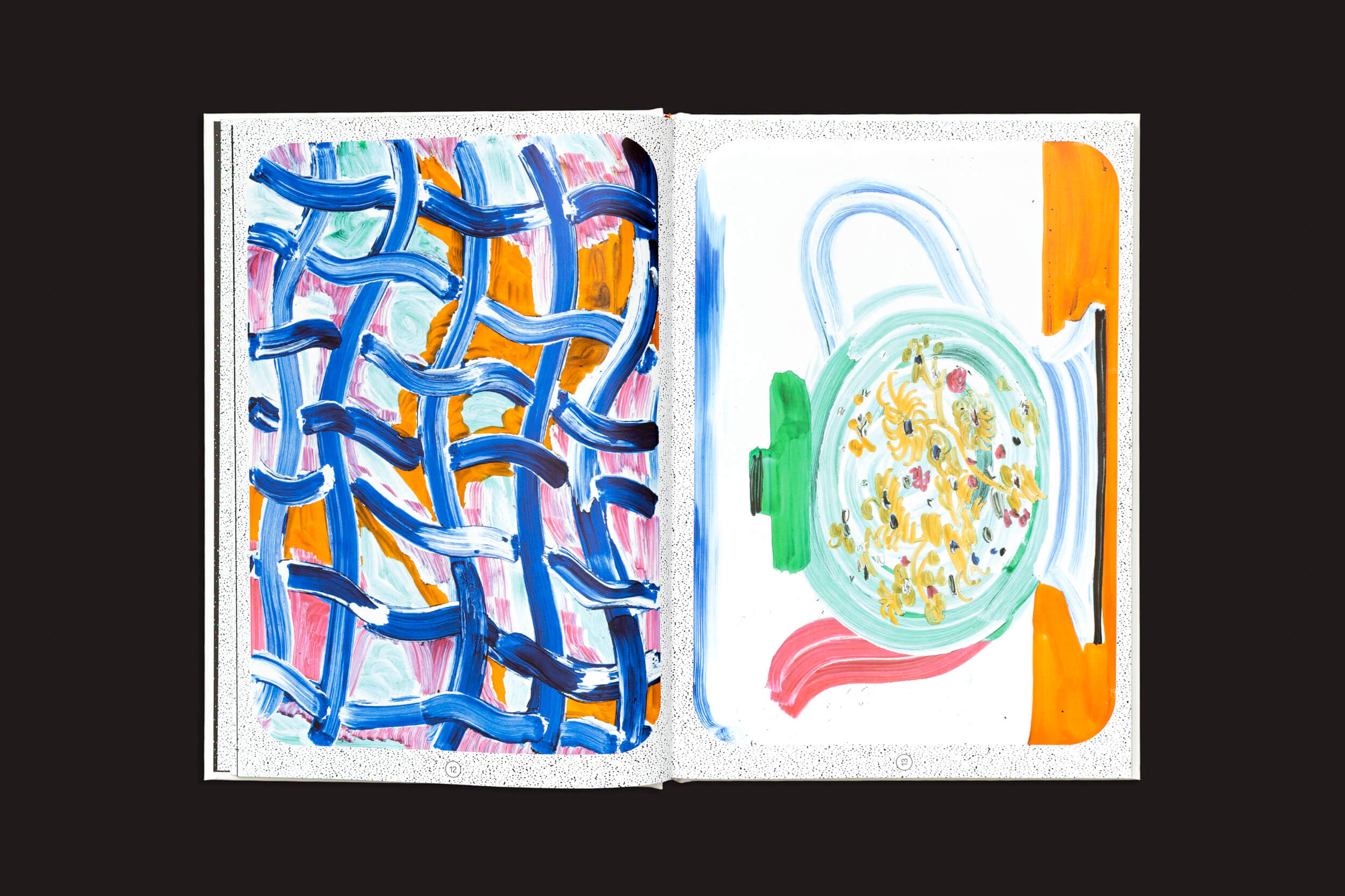 Manon Cezaro: Terrain Glissant, da Fidéle Editions, apresenta páginas abertas com arte abstrata — linhas onduladas em azul, rosa e laranja à esquerda e um formato circular semelhante a um bule de chá com verde, laranja e amarelo sobre branco à direita.