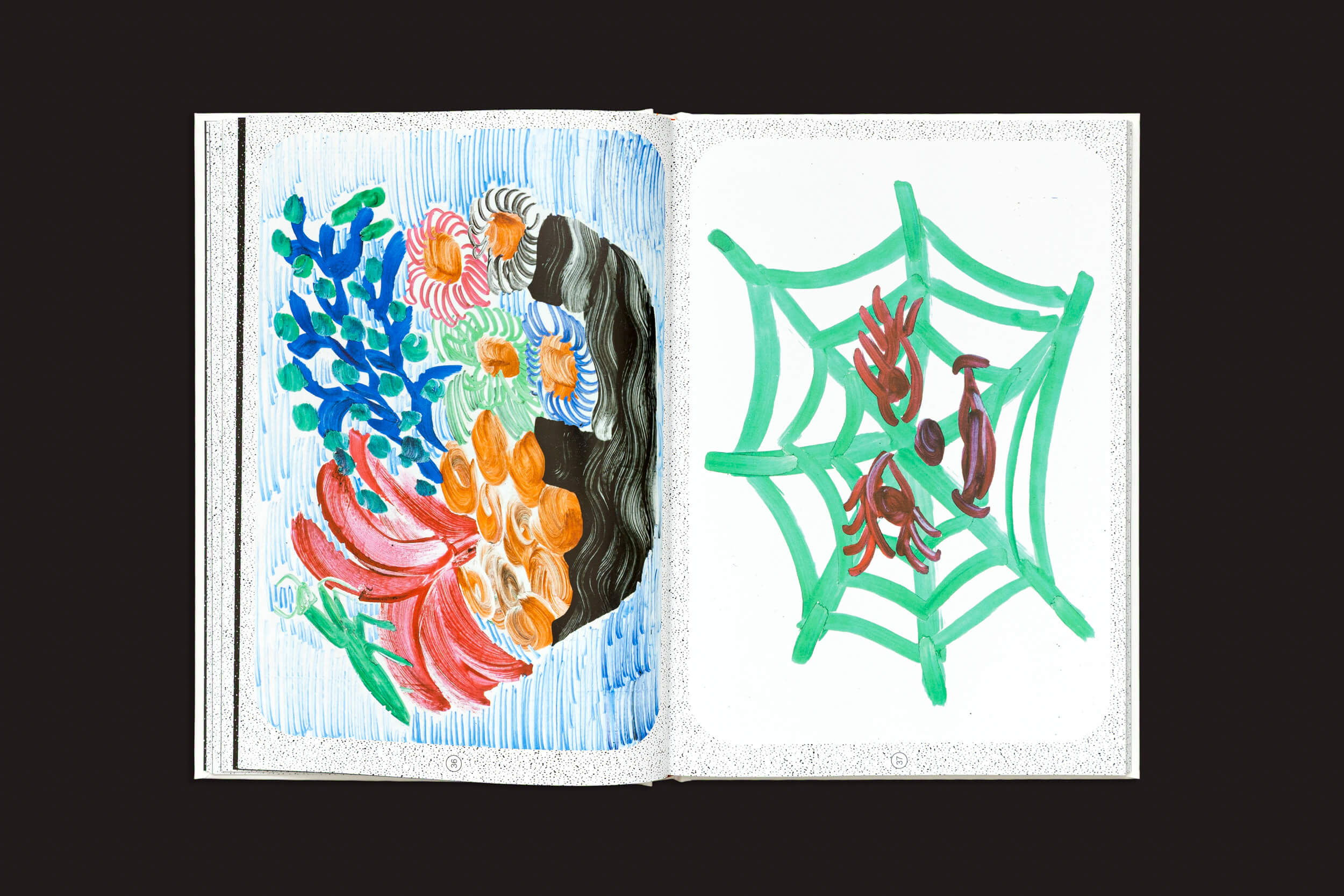 O livro aberto "Manon Cezaro: Terrain Glissant", da Fidéle Editions, apresenta duas obras de arte: formas semelhantes a corais azuis, laranja, rosa e pretos na página esquerda e uma teia de aranha verde com insetos marrom-avermelhados na página direita.