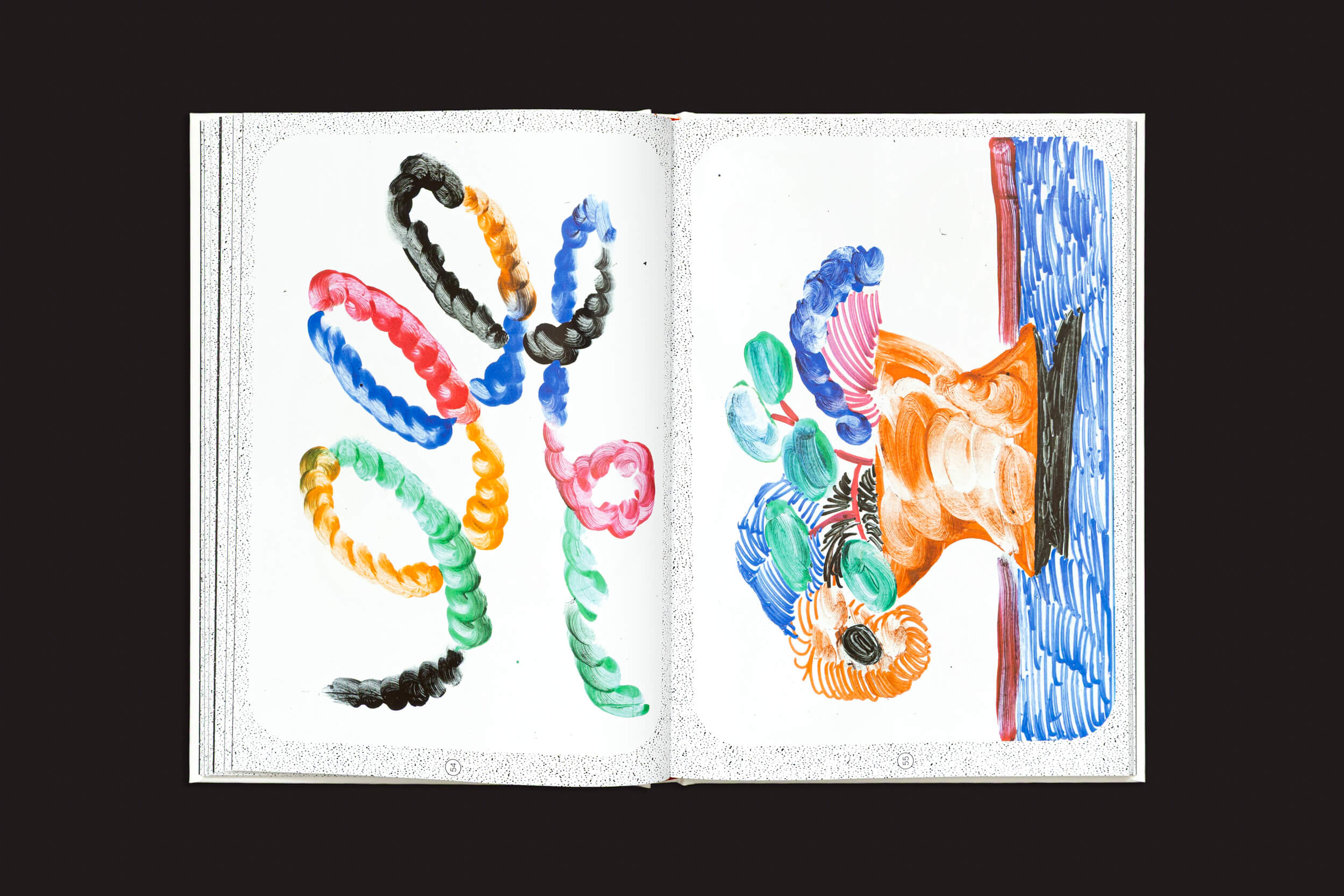 O livro de capa dura "Manon Cezaro: Terrain Glissant", da Fidéle Editions, está aberto, mostrando duas ilustrações coloridas: formas onduladas em forma de fita na página esquerda e uma natureza-morta brilhante com um vaso, folhas e superfície azul na direita.