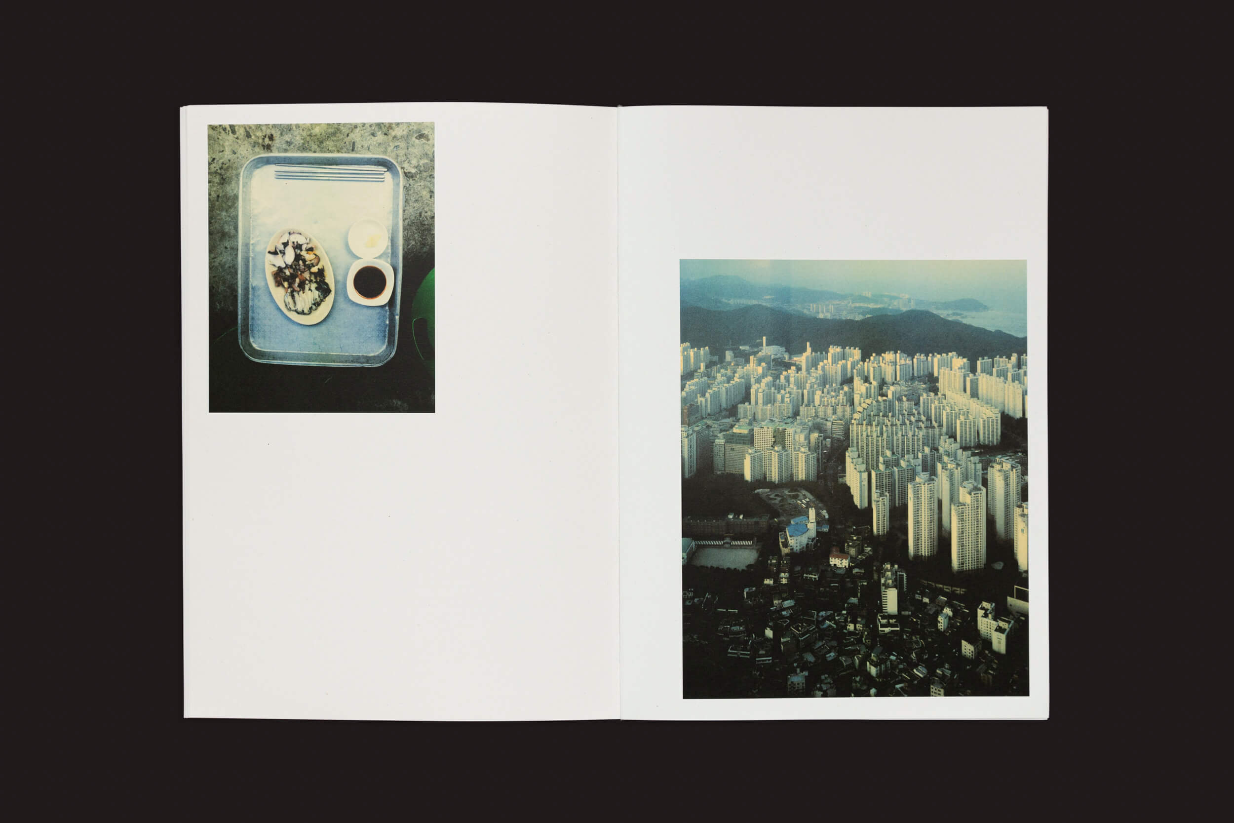 Em um fundo preto, um livro aberto de Eduard Sánchez Ribot: Tierra, Camino, Fruto, do Handshake, revela uma página com uma pequena foto de uma refeição simbolizando a jornada do sabor, e a outra com uma vista aérea da paisagem urbana retratando a vasta Tierra.