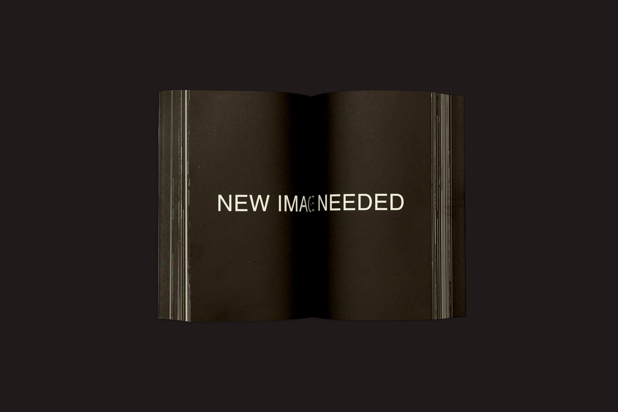 Um livro aberto com páginas pretas exibe "NOVA IMAGEM NECESSÁRIA" em letras brancas em negrito no centro. O fundo preto sólido enfatiza a urgência criativa do produto de Valiz, "UNLICENSED – Bootlegging As a Creative Practice: Ben Schwartz.