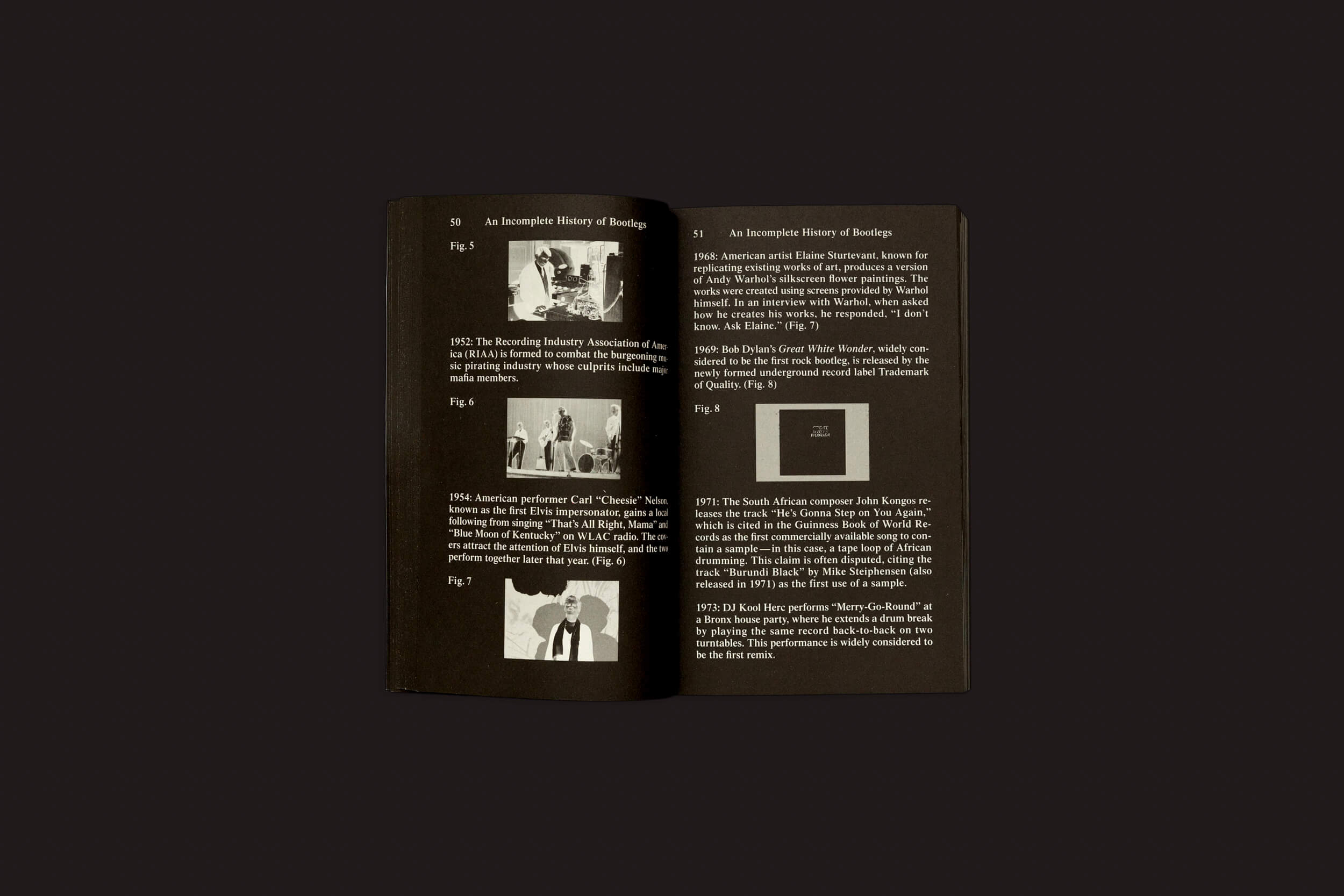 O livro aberto intitulado "UNLICENSED – Bootlegging As a Creative Practice: Ben Schwartz" de Valiz apresenta texto e imagens. A página da esquerda tem detalhes como Fig. 5 e Fig. 6, enquanto a página da direita destaca mais texto sobre histórias não licenciadas e ricas em criatividade, junto com figuras adicionais em um formato similar.