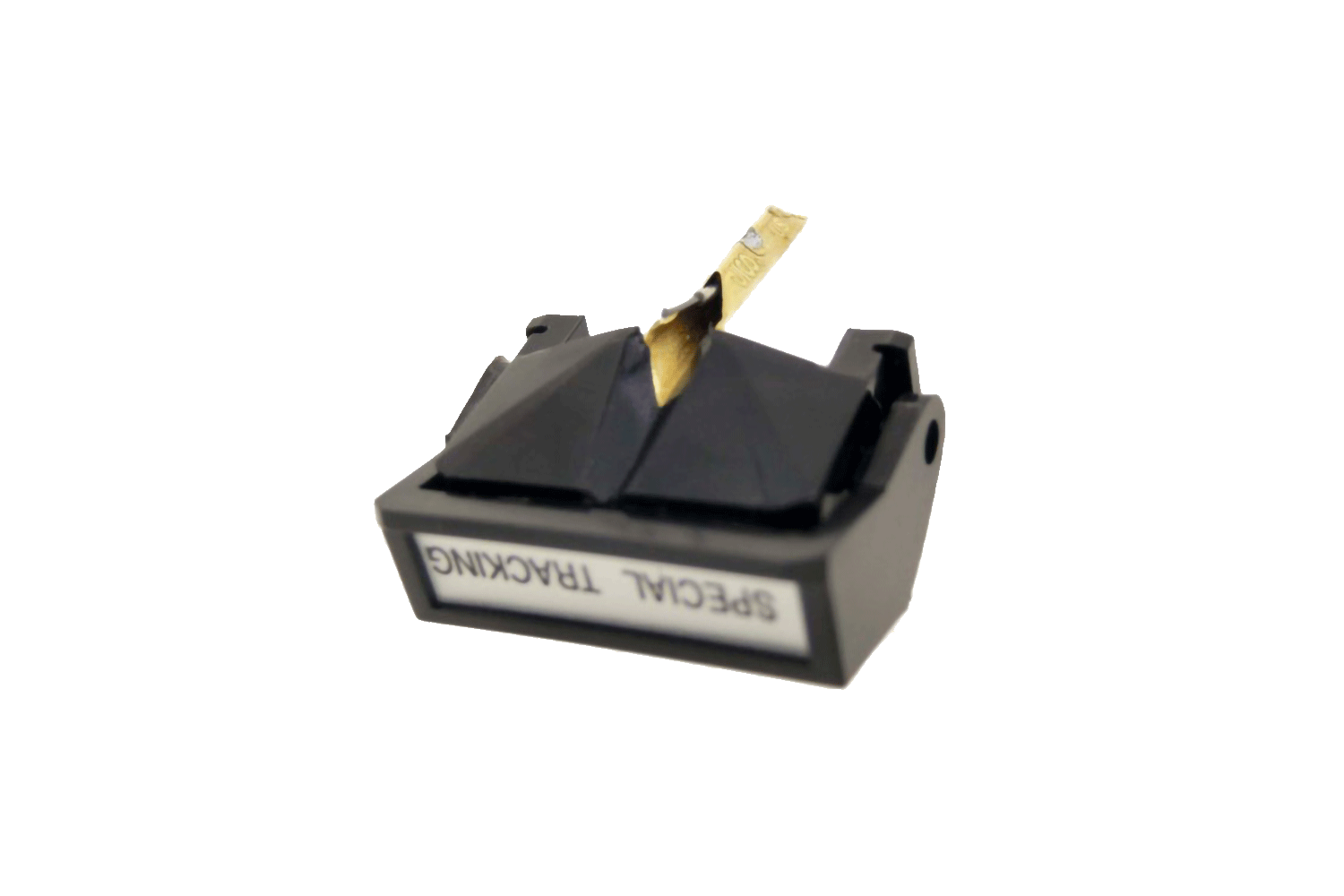 Um close-up de um cartucho de agulha preta para um toca-discos apresenta uma agulha dourada e a etiqueta "SPECIAL TRACKING". O VN-35HE SAS/B Agulha, criado pela Jico, é colocado contra um fundo branco simples.