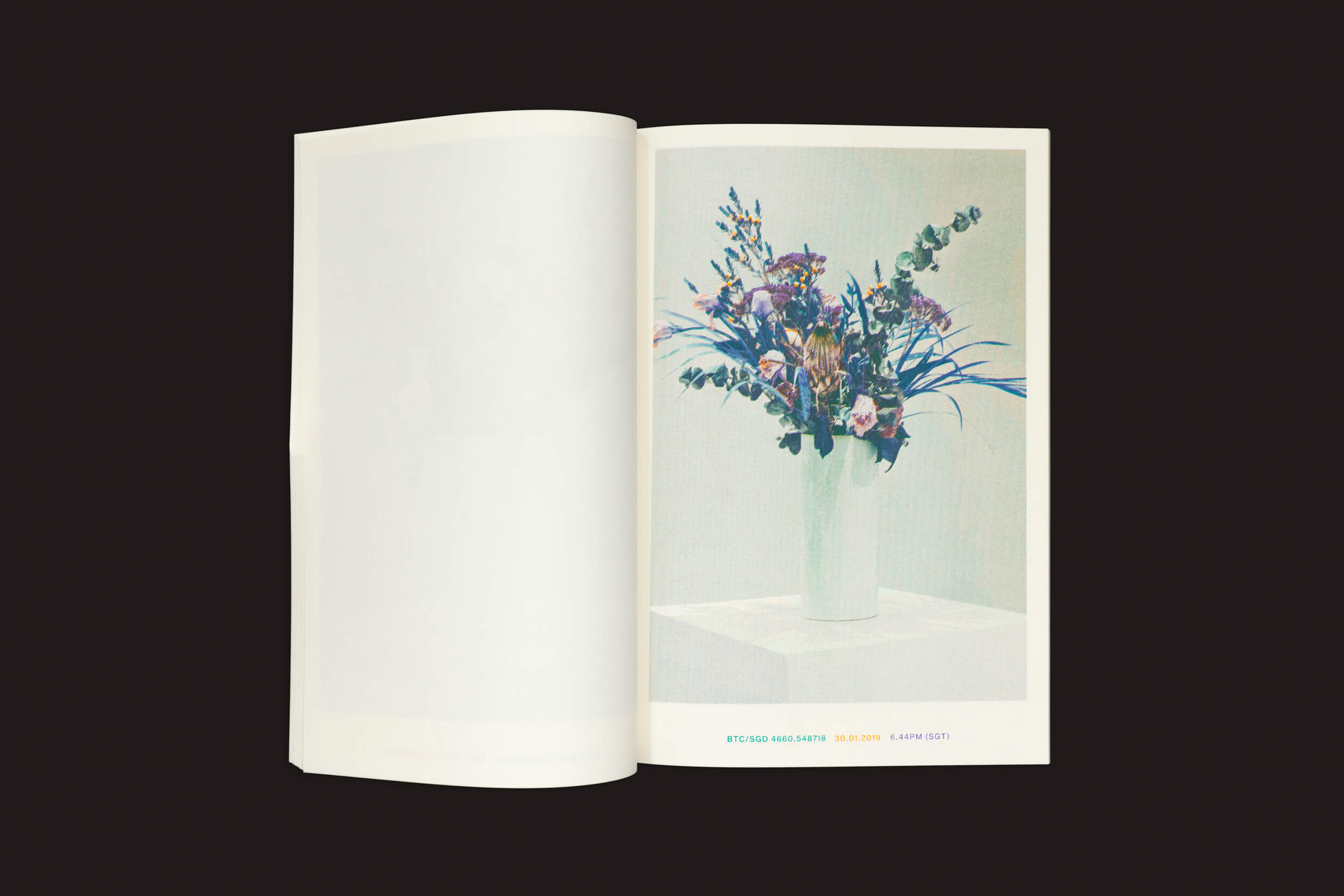 Um livro está aberto, exibindo uma foto impressionante de um vibrante arranjo floral em um vaso branco, capturando a essência de tecnologia e natureza. A página oposta está em branco contra um elegante fundo preto, evocando o estilo de Vanishing Workflows de Xavier Antin, da Temporary Press.