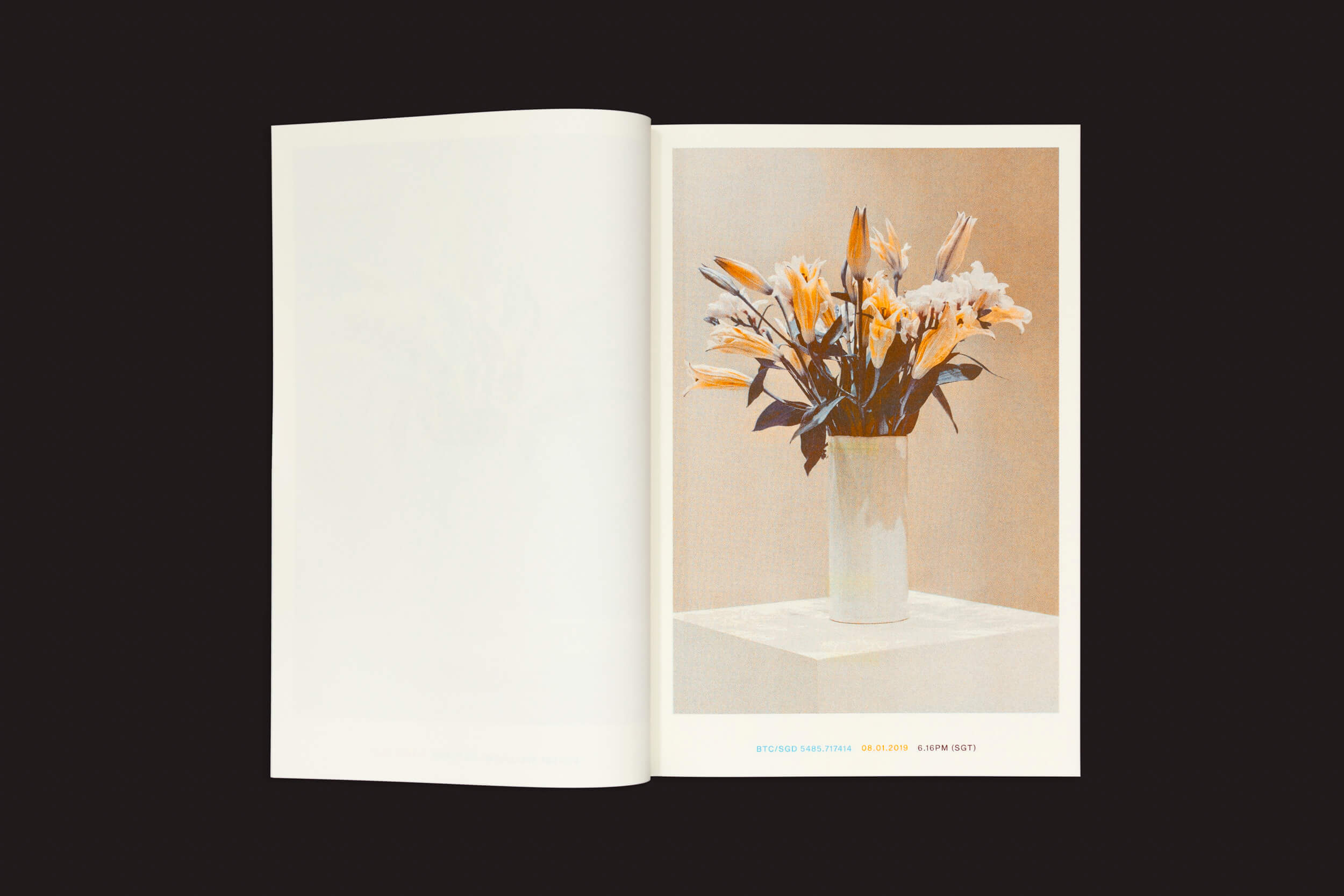 Um livro aberto da Temporary Press Xavier Antin: Vanishing Workflows revela uma página com um arranjo de flores em um vaso cilíndrico. Lírios e flores de tons quentes repousam sobre um pedestal, fundindo exposição com tecnologia e natureza. A página oposta está em branco.