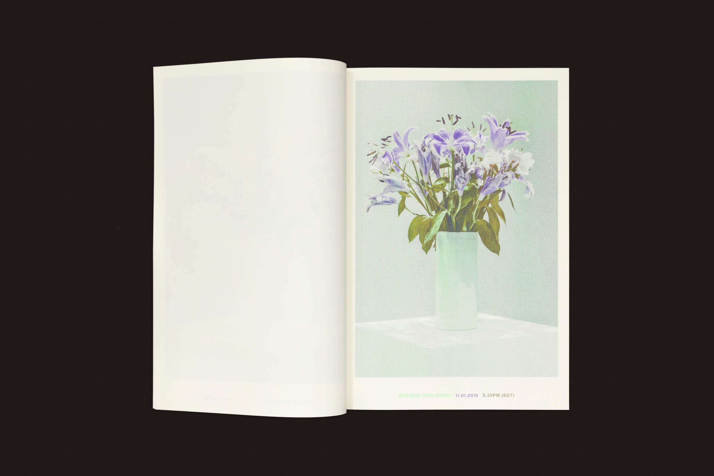 Um livro aberto, Xavier Antin: Vanishing Workflows da Temporary Press, apresenta uma foto de flores roxas em um vaso azul-claro em um fundo claro. A página oposta está em branco e repousa sobre uma superfície preta sólida.