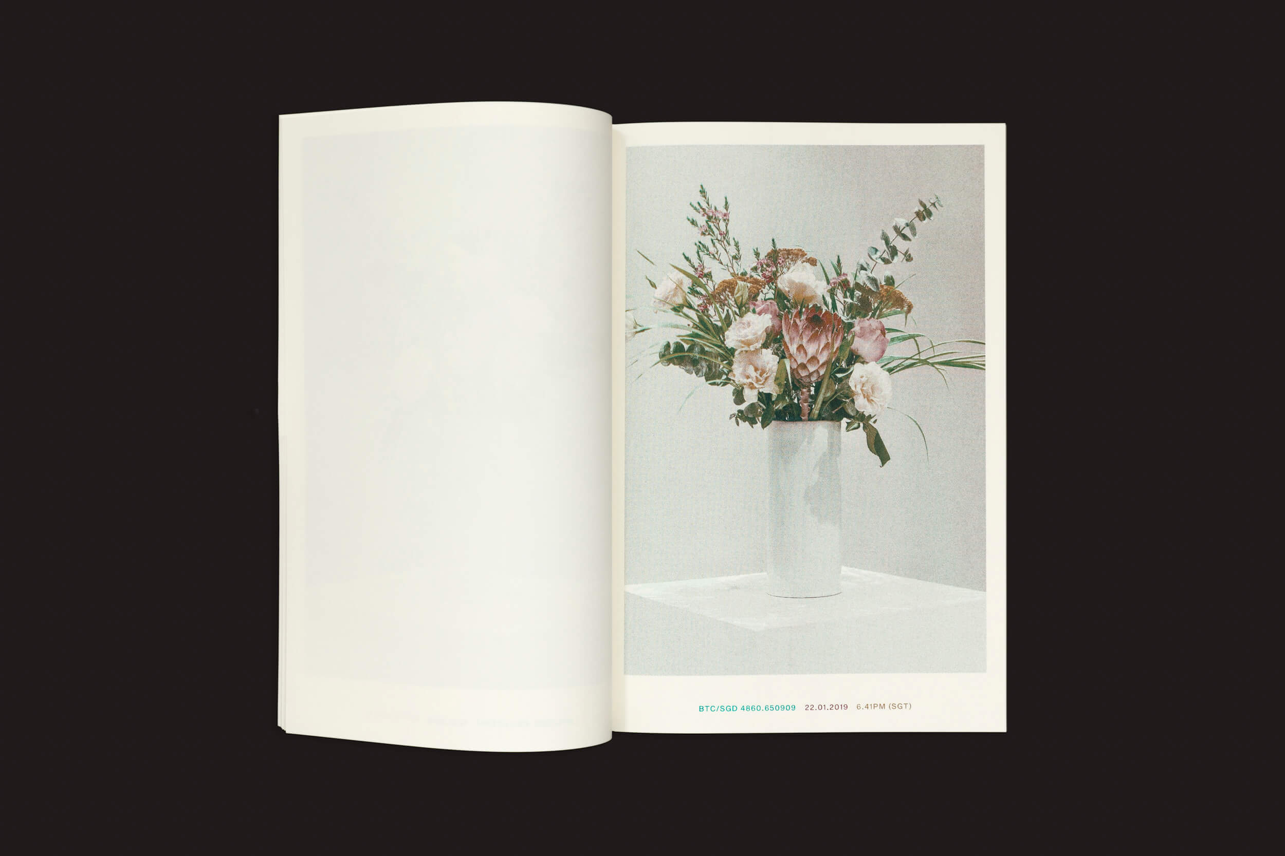 Um livro aberto exibe uma foto de um arranjo floral em um vaso branco sobre uma superfície imaculada, com a página oposta em branco para destacar a harmonia. Inspirado no estilo de Xavier Antin, Xavier Antin: Vanishing Workflows da Temporary Press mistura tecnologia e natureza em uma narrativa visual intrigante.