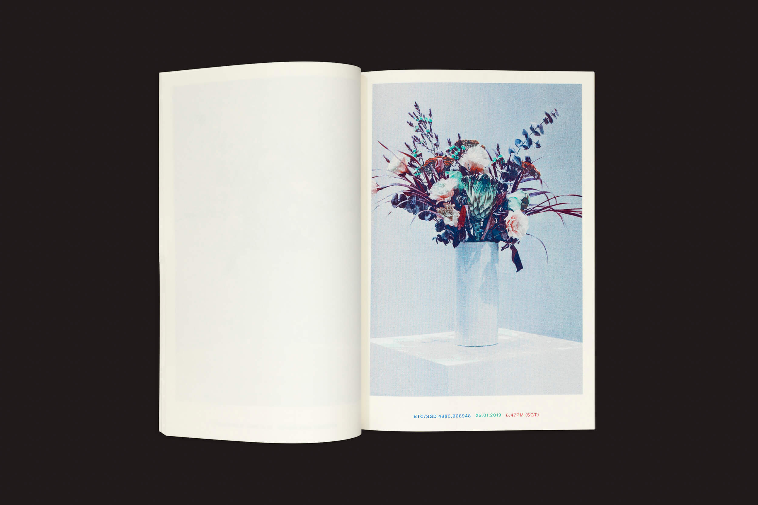 Um livro intitulado Xavier Antin: Vanishing Workflows pela Temporary Press exibe uma foto de um arranjo floral em um vaso branco com tecnologia e natureza perfeitamente entrelaçados. As flores vívidas se destacam contra o branco simples, ecoando a exposição de Xavier Antin, enquanto a página oposta está em branco.