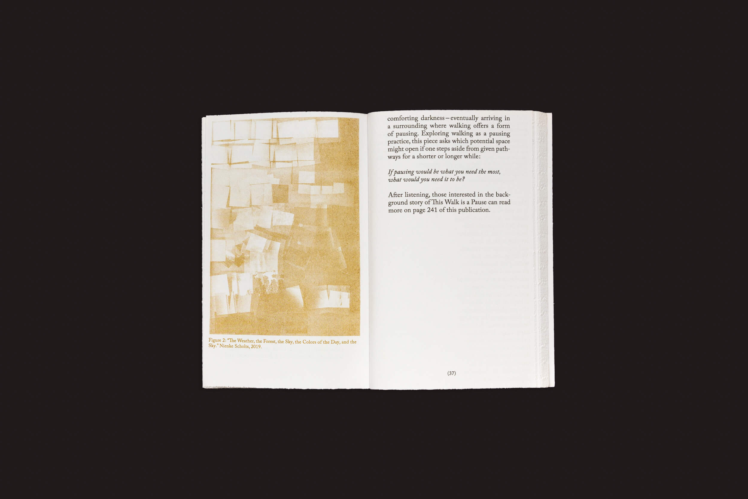 Em Walking as Research Practice, de Alice Twemlow e Tânia A. Cardoso, da Roma Publications, um livro aberto sobre um fundo preto mostra uma imagem abstrata em tom sépia de papéis sobrepostos à esquerda e um texto em inglês à direita sobre como buscar conselhos ao escrever em um estilo confuso.