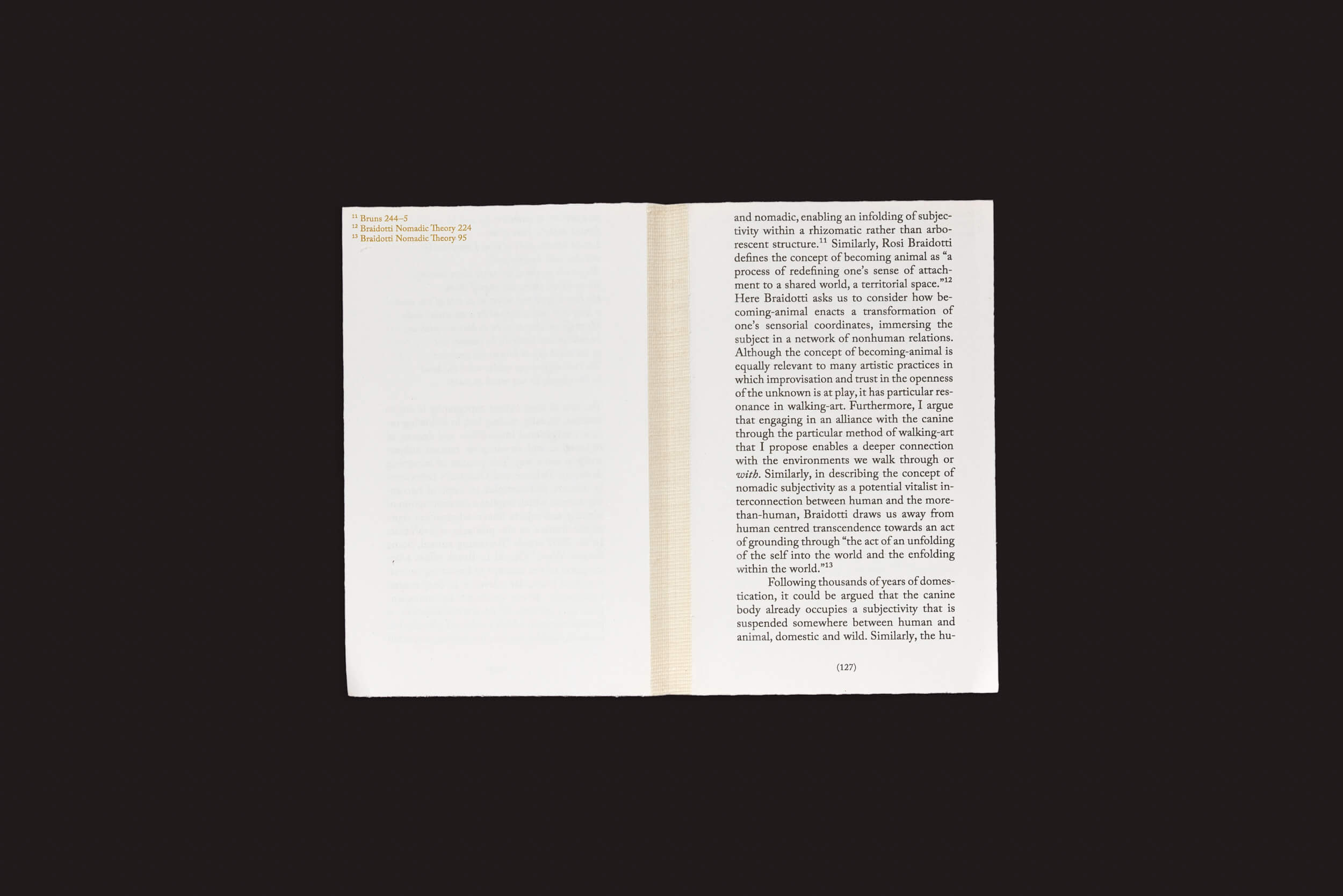 Um livro aberto, Alice Twemlow, Tânia A. Cardoso: Walking as Research Practice da Roma Publications, contra um fundo preto, mostra o suspense da investigação. A página da esquerda está em branco enquanto a da direita está preenchida com texto, com números de página visíveis 208 e 209.