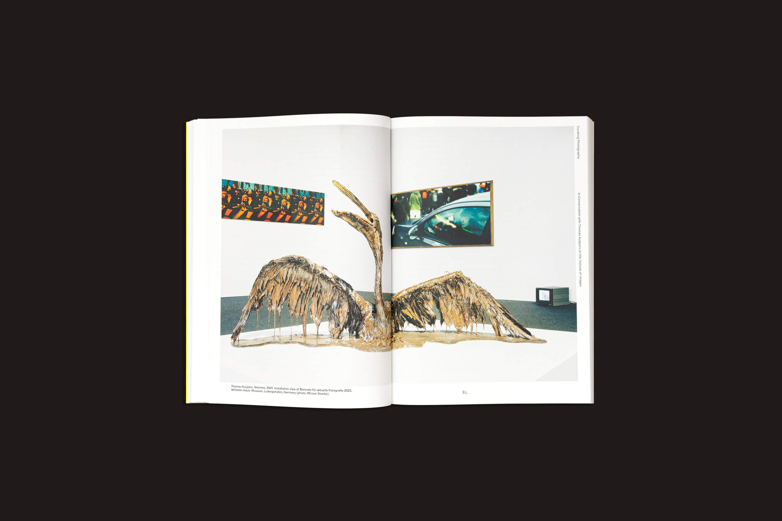 Uma cópia aberta de "Why Exhibit? vol. 2 - On Curating Photography" da Fw:Books revela uma representação fotográfica de uma grande escultura abstrata em forma de pássaro, com duas obras de arte emolduradas na parede acima dela. O livro repousa elegantemente sobre uma superfície escura.
