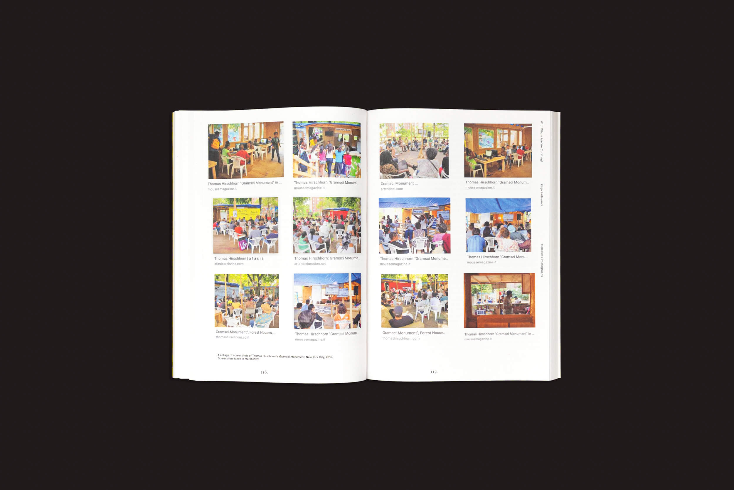 Um livro aberto intitulado "Why Exhibit? vol. 2 - On Curating Photography" de Anna-Kaisa Rastenberger e Iris Sikking exibe páginas de pessoas reunidas em vários cenários, enfatizando a representação fotográfica. Publicado pela Fw:Books, ele apresenta grupos em atividades contra um fundo simples e escuro.