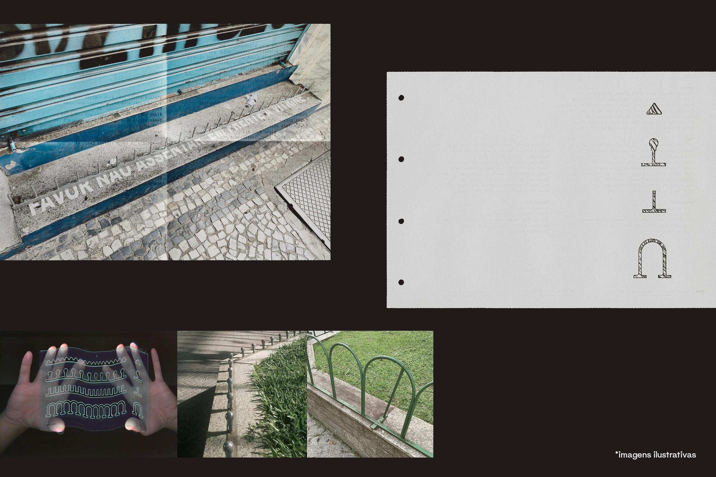 Uma colagem exibe Ermãos Monjon: Gabarito by Ermãos Monjon - um portão de metal azul com "FAUX INU ASEM" na calçada, esboços de arcos e cercas desenhados à mão, mãos brilhantes com um esboço e a luz do sol projetando sombras arquitetônicas na grama.