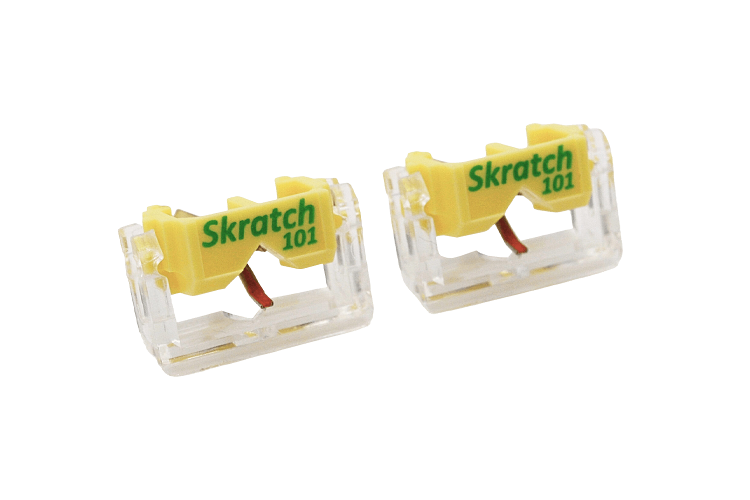 Dois cartuchos de agulha para toca-discos Jico SKRATCH 101 amarelos e transparentes com texto em verde, Kit de 2 agulhas, são mostrados lado a lado em uma agulha de reposição perfeita para DJs, na cor branca.