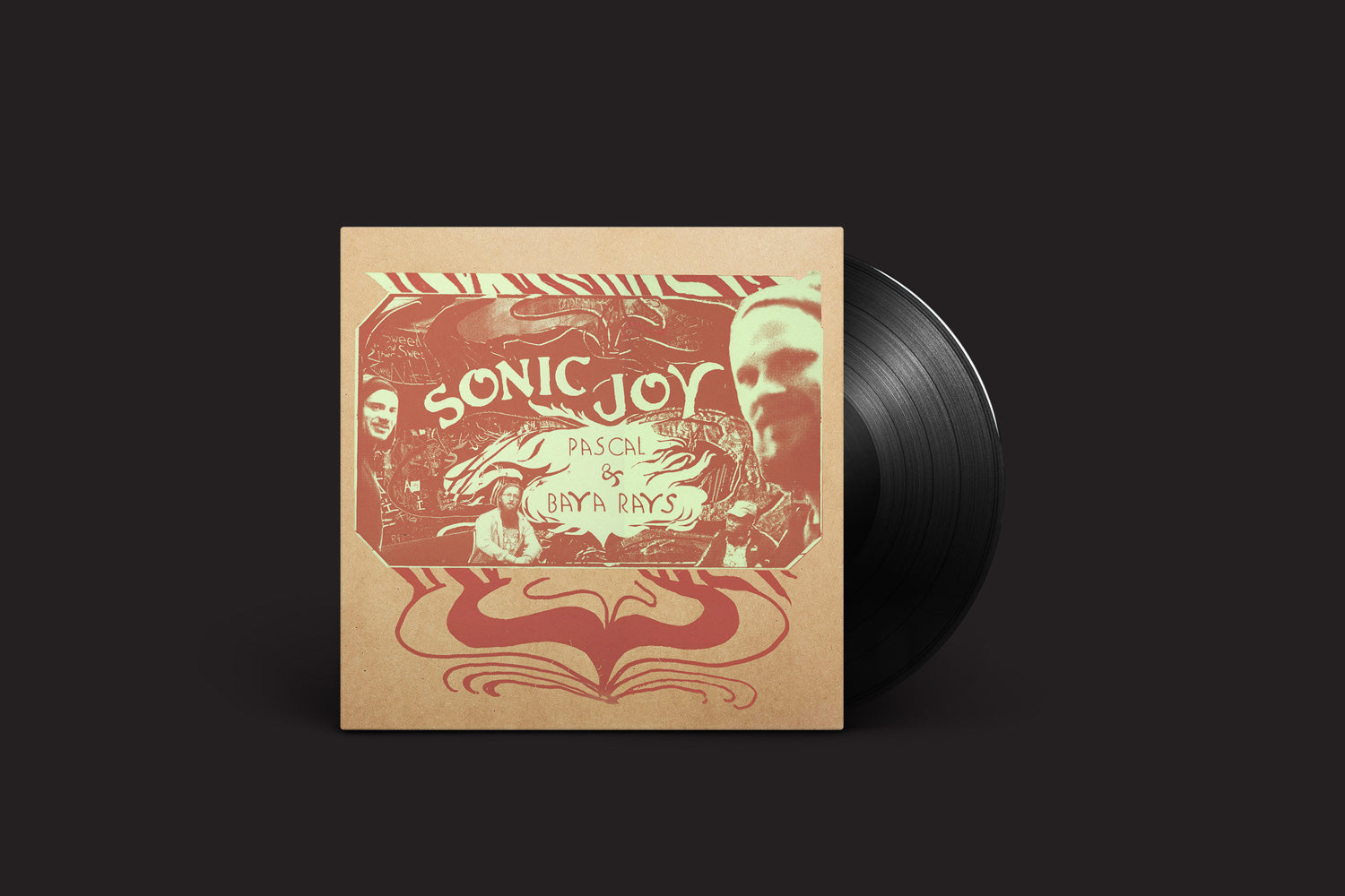 Um disco de vinil da Ultraääni, "Pascal & Baya Rays: Sonic Joy", parcialmente em uma capa marrom com um design abstrato vermelho — ideal para fãs de música experimental — sobre um fundo preto simples.