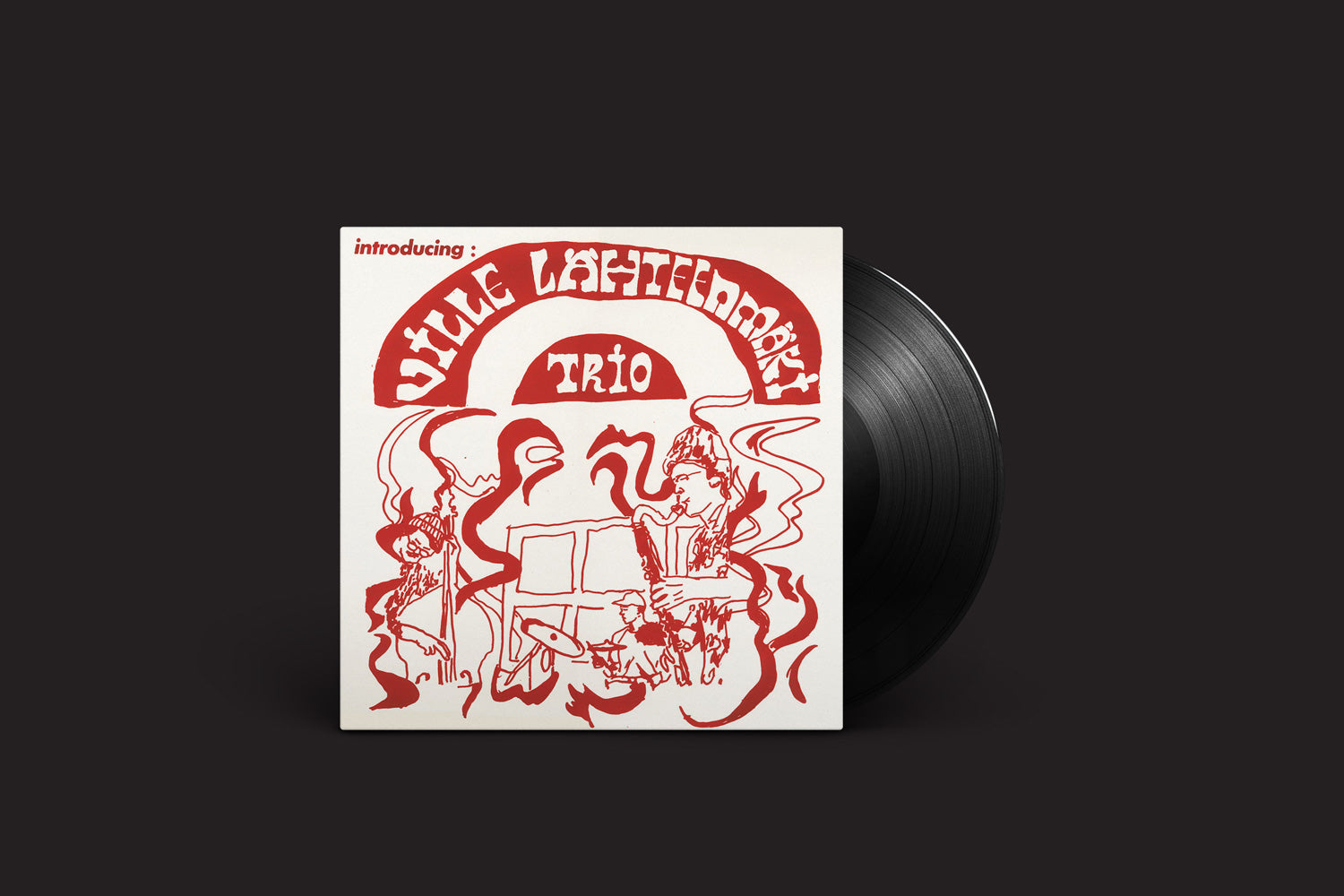 O vinil Ultraääni Ville Lähteenmäki Trio: Introducing apresenta ilustrações abstratas vermelhas de músicos em um fundo creme, evocando o espírito do jazz europeu, com o disco de vinil preto emergindo visivelmente do lado direito.