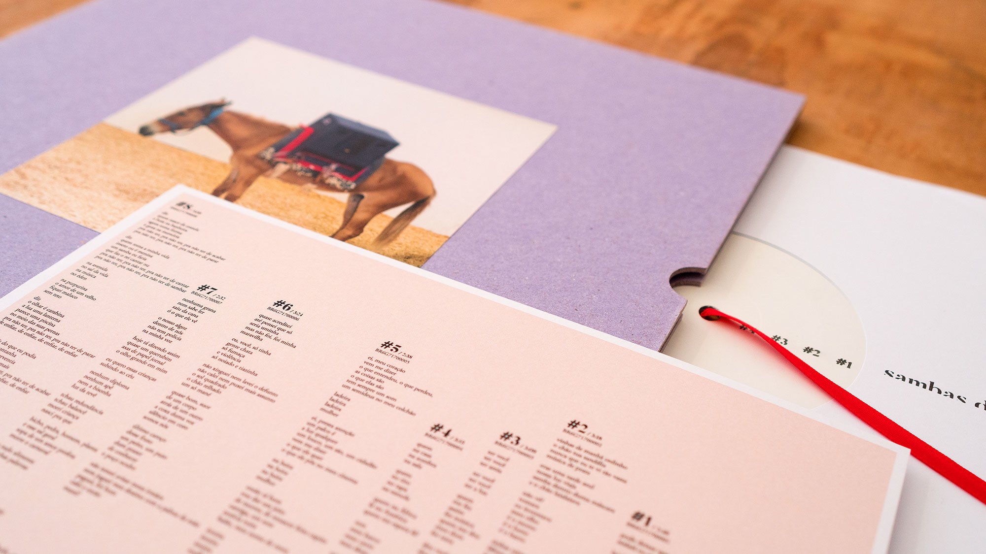 Um close de um conjunto de discos de vinil, com uma capa roxa com uma foto de um cavalo carregando uma mochila, uma folha de lista de faixas rosa e um disco branco parcialmente visível com uma fita vermelha presa.