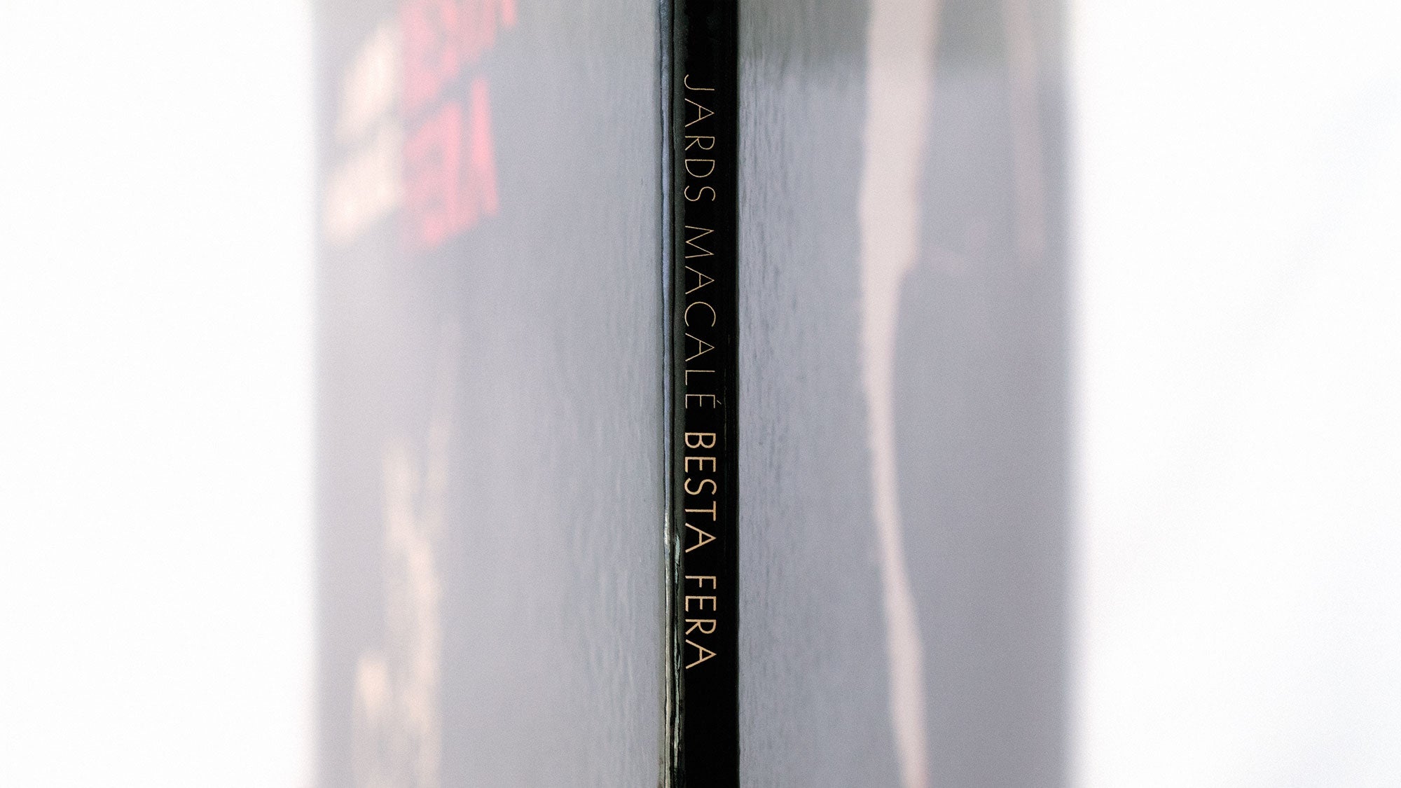 Close-up da lombada de um livro ou disco com o texto Jards Macalé Besta Fera escrito verticalmente em letras douradas sobre um fundo escuro.
