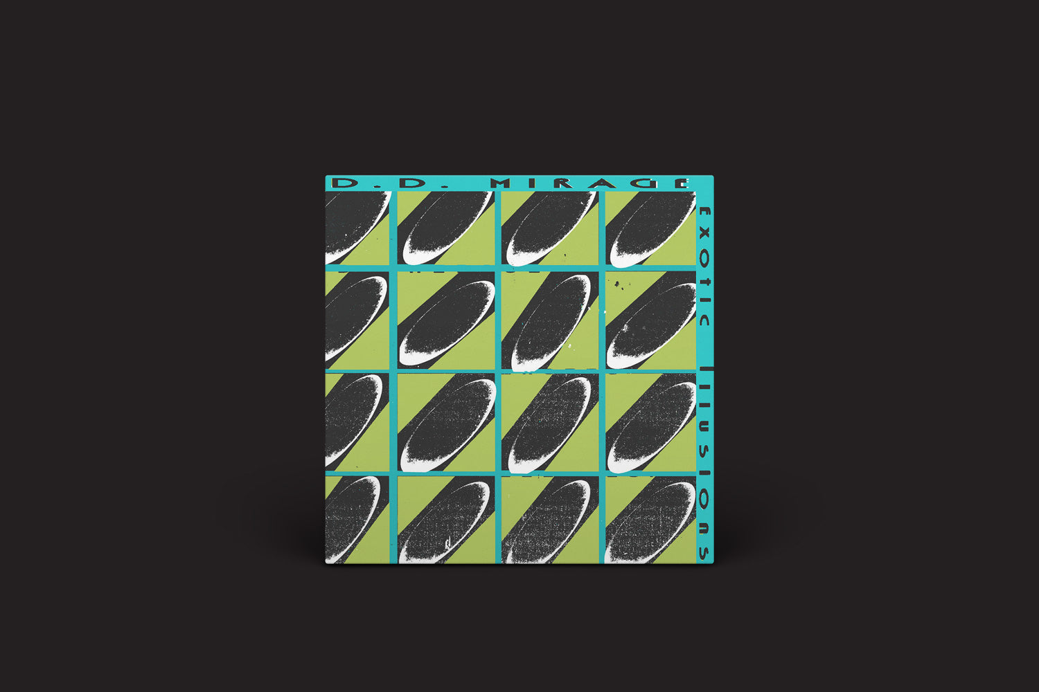 Um pôster retangular da Ilha de Jura intitulado "D.D. Mirage: Exotic Illusions" apresenta uma grade de formas abstratas em preto e branco em quadrados verdes, borda azul e texto na parte superior e lateral, evocando a discoteca italiana e as Exotic Illusions.