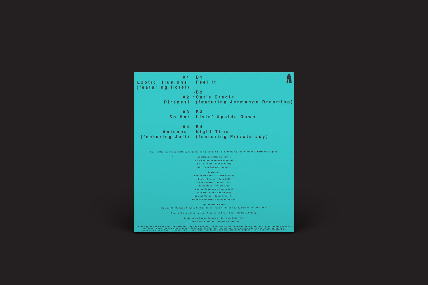 Uma capa quadrada turquesa para "D.D. Mirage: Exotic Illusions", do Isle Of Jura, apresenta texto em negrito preto listando faixas e convidados, com batidas baleáricas e toques de disco italo. Os títulos das músicas são organizados pelos lados A e B do vinil sobre um fundo preto liso.
