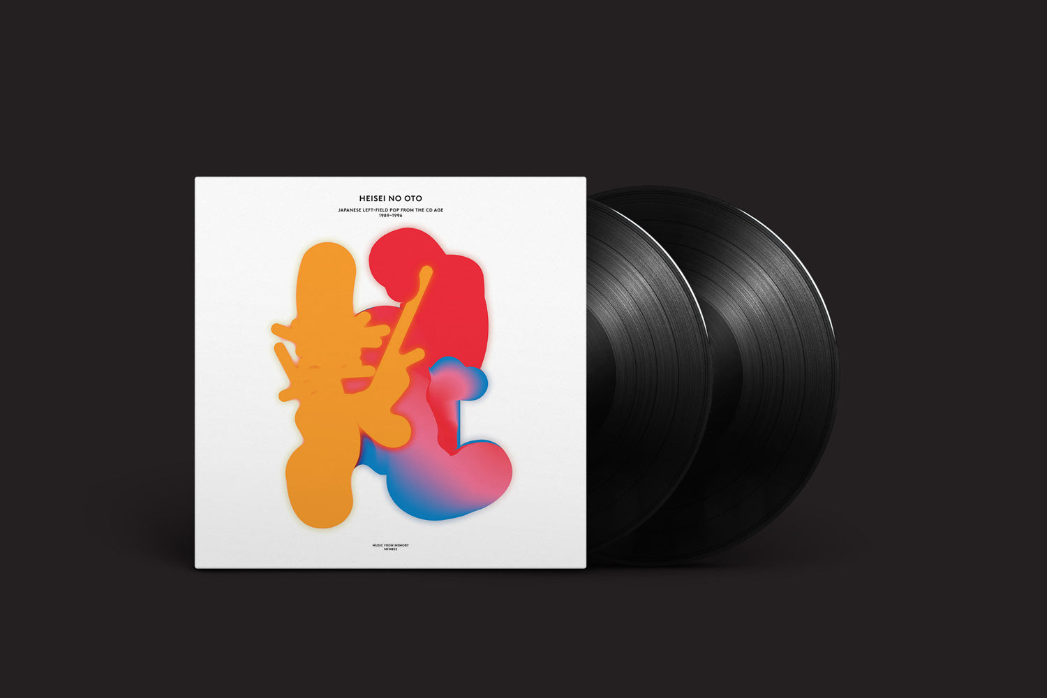 O vinil duplo "Heisei No Oto (Japanese Left-Field Pop From The CD Age, 1989-1996): v/a" do Music From Memory apresenta uma capa branca com formas abstratas em laranja, vermelho e azul; discos parciais se destacam contra um fundo preto sólido.