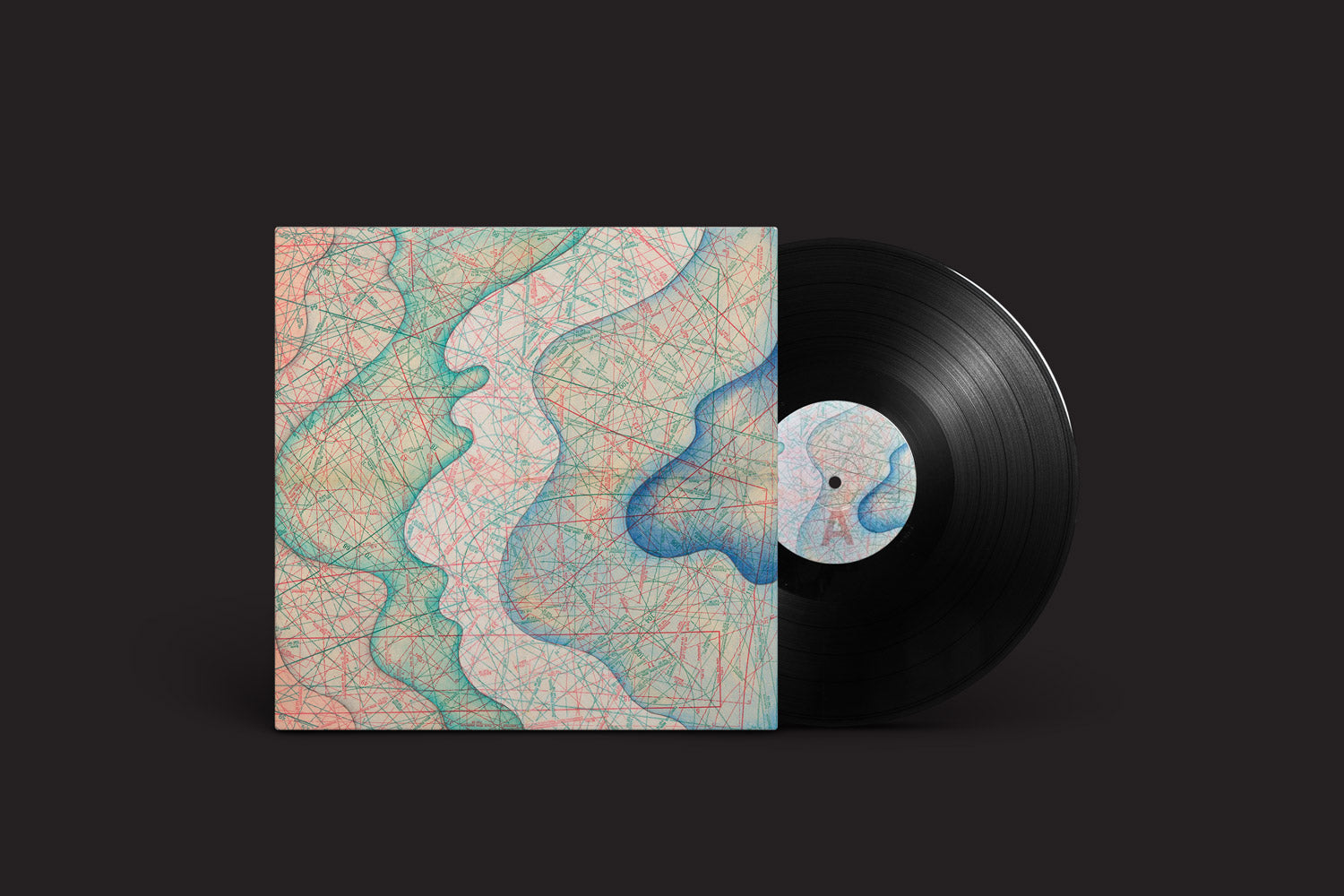 Um disco de vinil de Pointe du Lac: Les siphonophores des eaux froides et profondes de l'Arctique, do Hands in the Dark, sai da capa, apresentando linhas onduladas coloridas abstratas em um fundo escuro, ecoando os estilos eletrônico e krautrock.