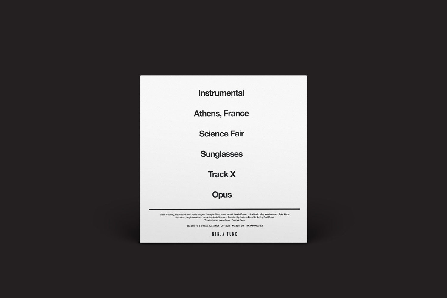 A capa minimalista do álbum apresenta um fundo branco com seis títulos de músicas: Instrumental, Athens, France, Science Fair, Sunglasses, Track X e Opus em texto preto. Marca o álbum de estreia do Black Country "Pela primeira vez" com a música Ninja Tune em letras miúdas.